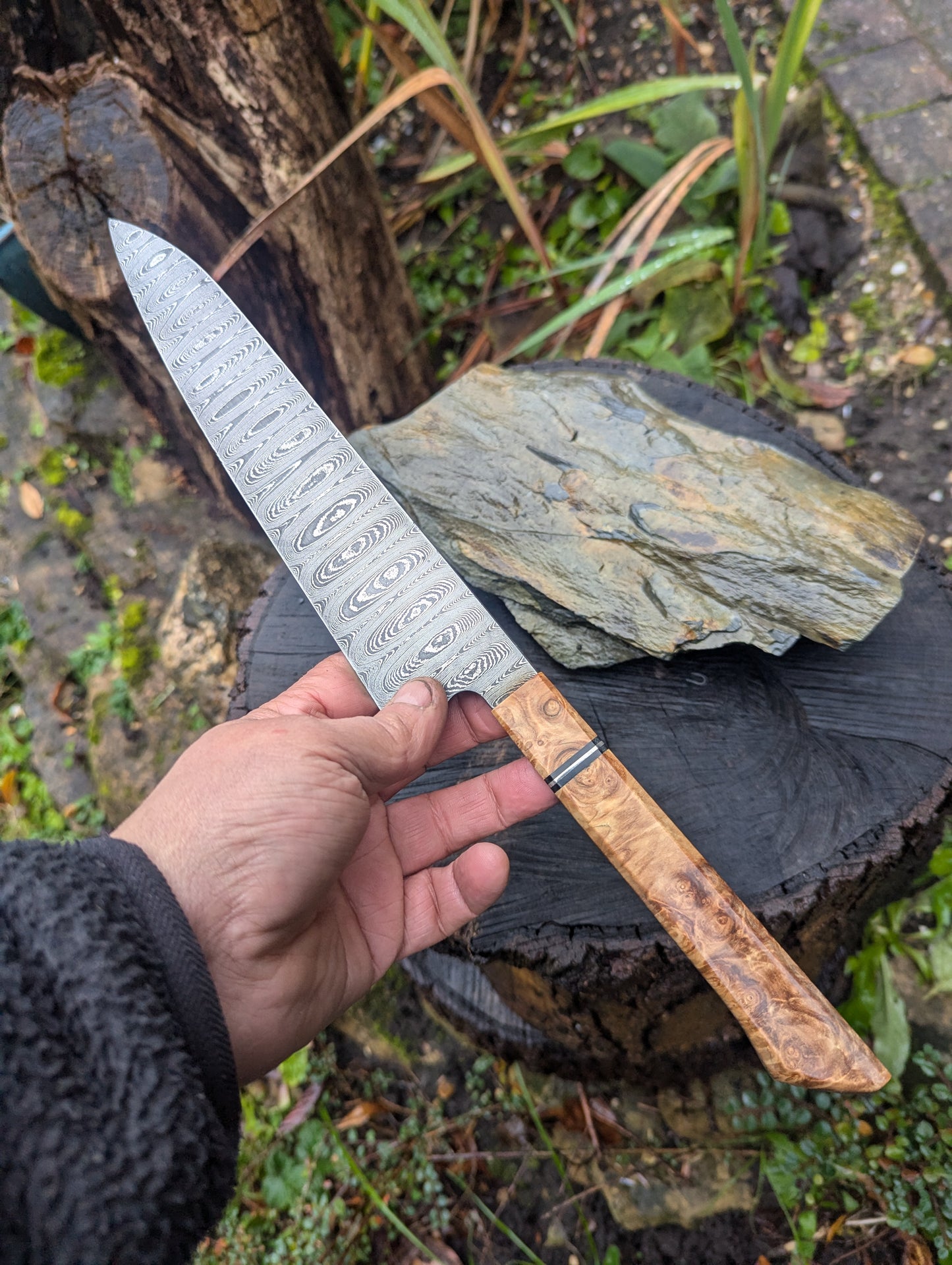 Handmade 8" Gyuto, Hand-forged ladder Damascus. chestnut burl with black G10 and nickel handle