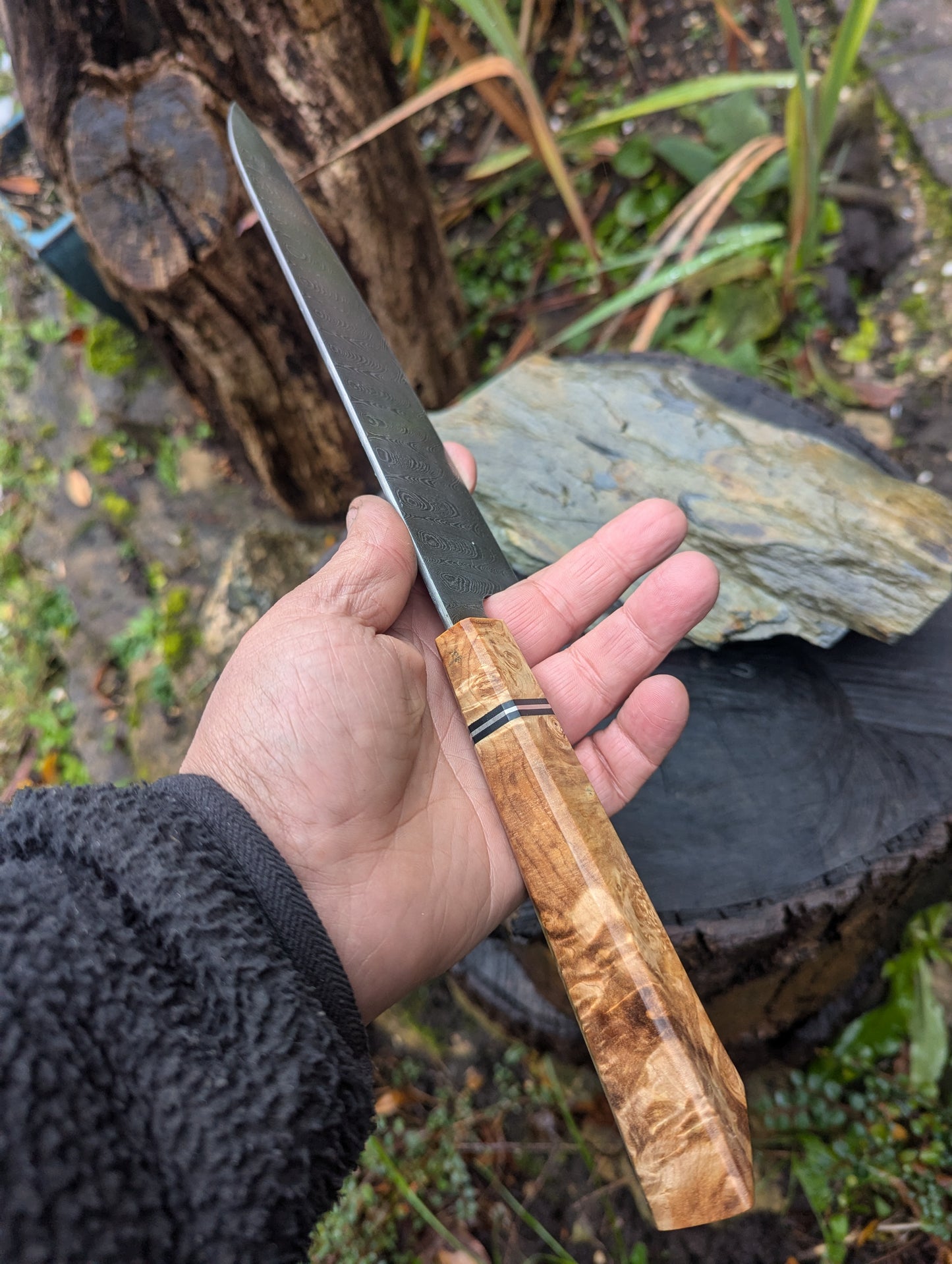 Handmade 8" Gyuto, Hand-forged ladder Damascus. chestnut burl with black G10 and nickel handle