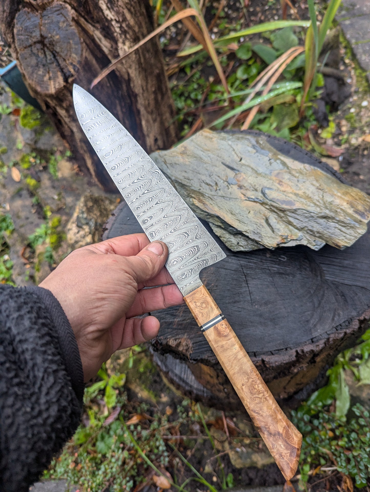 Handmade 8" Gyuto, Hand-forged ladder Damascus. chestnut burl with black G10 and nickel handle