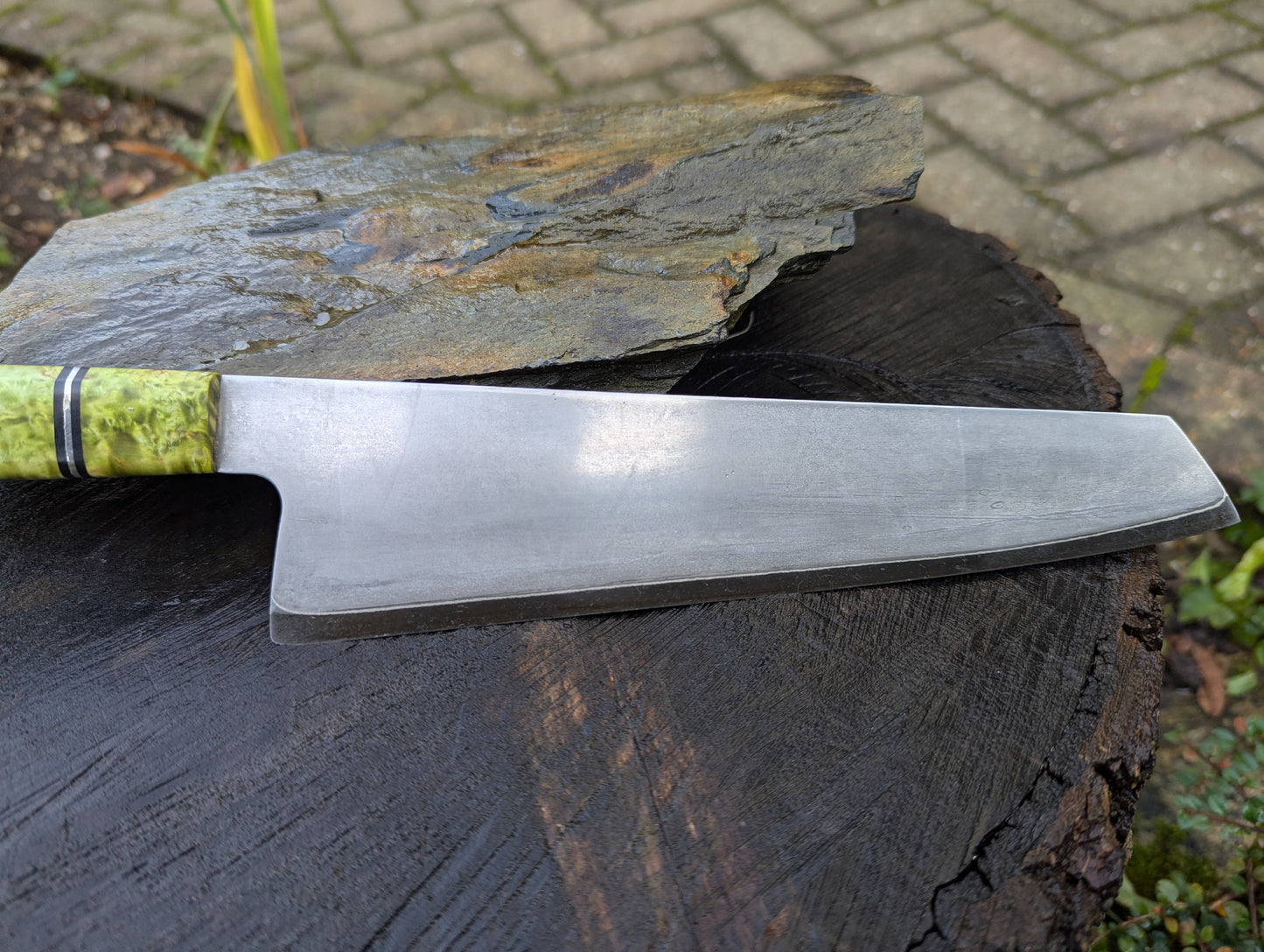 Handmade 8" chef's knife, Super blue Stainless Steel Clad San-Mai. Masur Birch handle