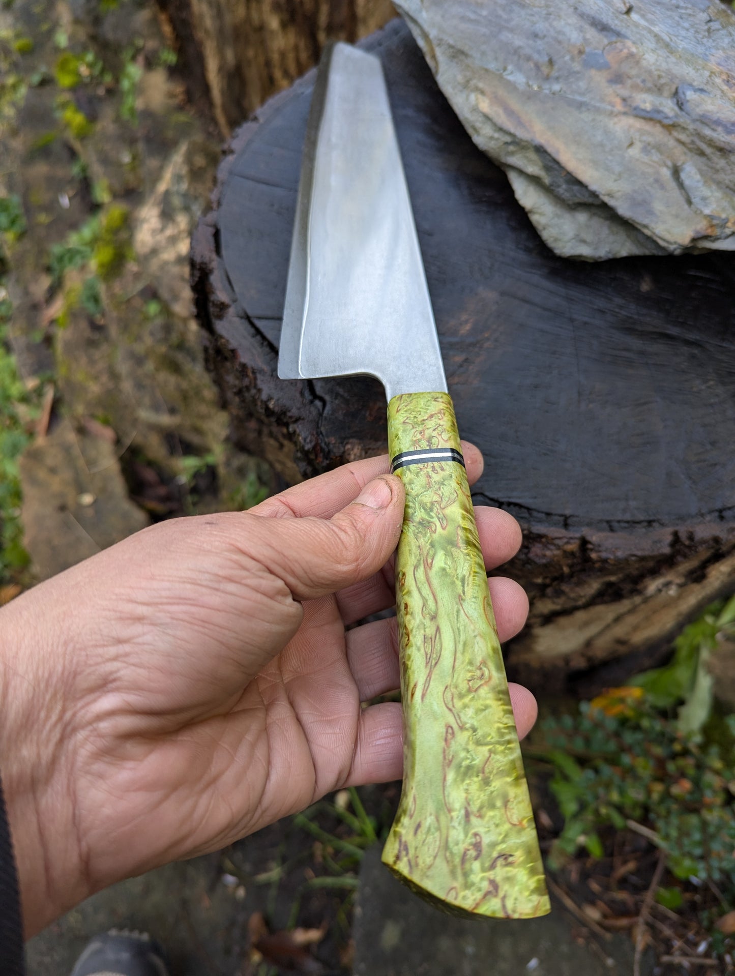 Handmade 8" chef's knife, Super blue Stainless Steel Clad San-Mai. Masur Birch handle