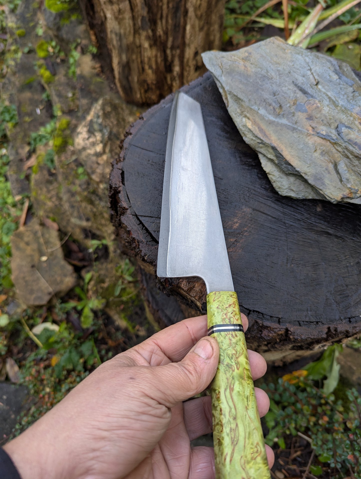 Handmade 8" chef's knife, Super blue Stainless Steel Clad San-Mai. Masur Birch handle