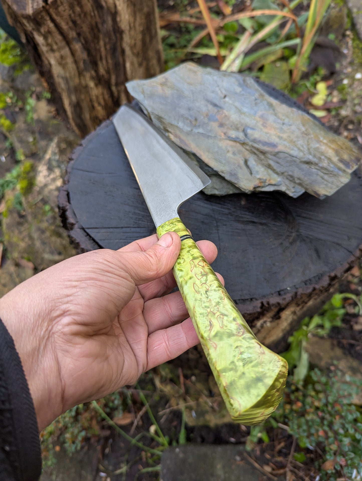 Handmade 8" chef's knife, Super blue Stainless Steel Clad San-Mai. Masur Birch handle