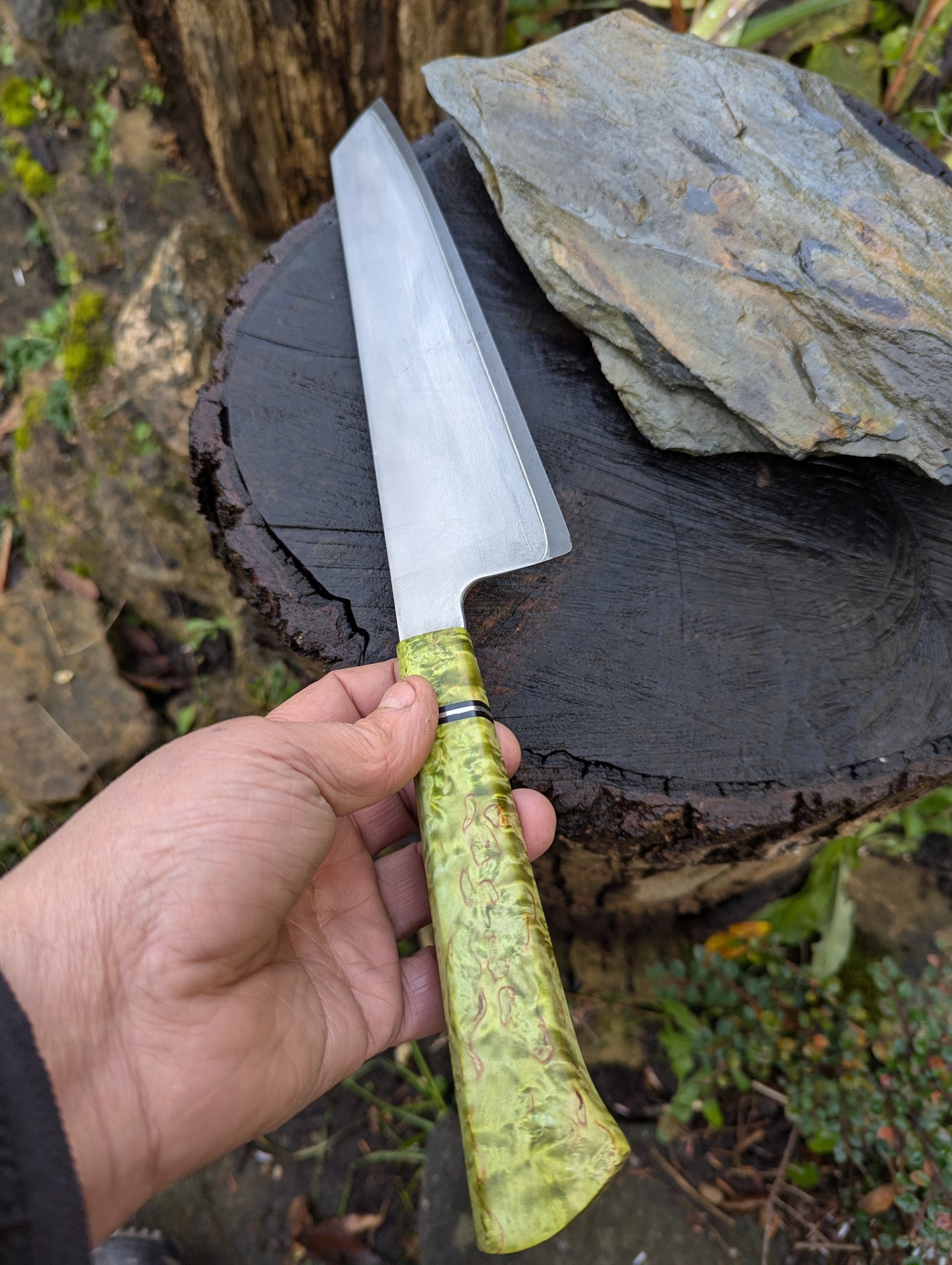 Handmade 8" chef's knife, Super blue Stainless Steel Clad San-Mai. Masur Birch handle