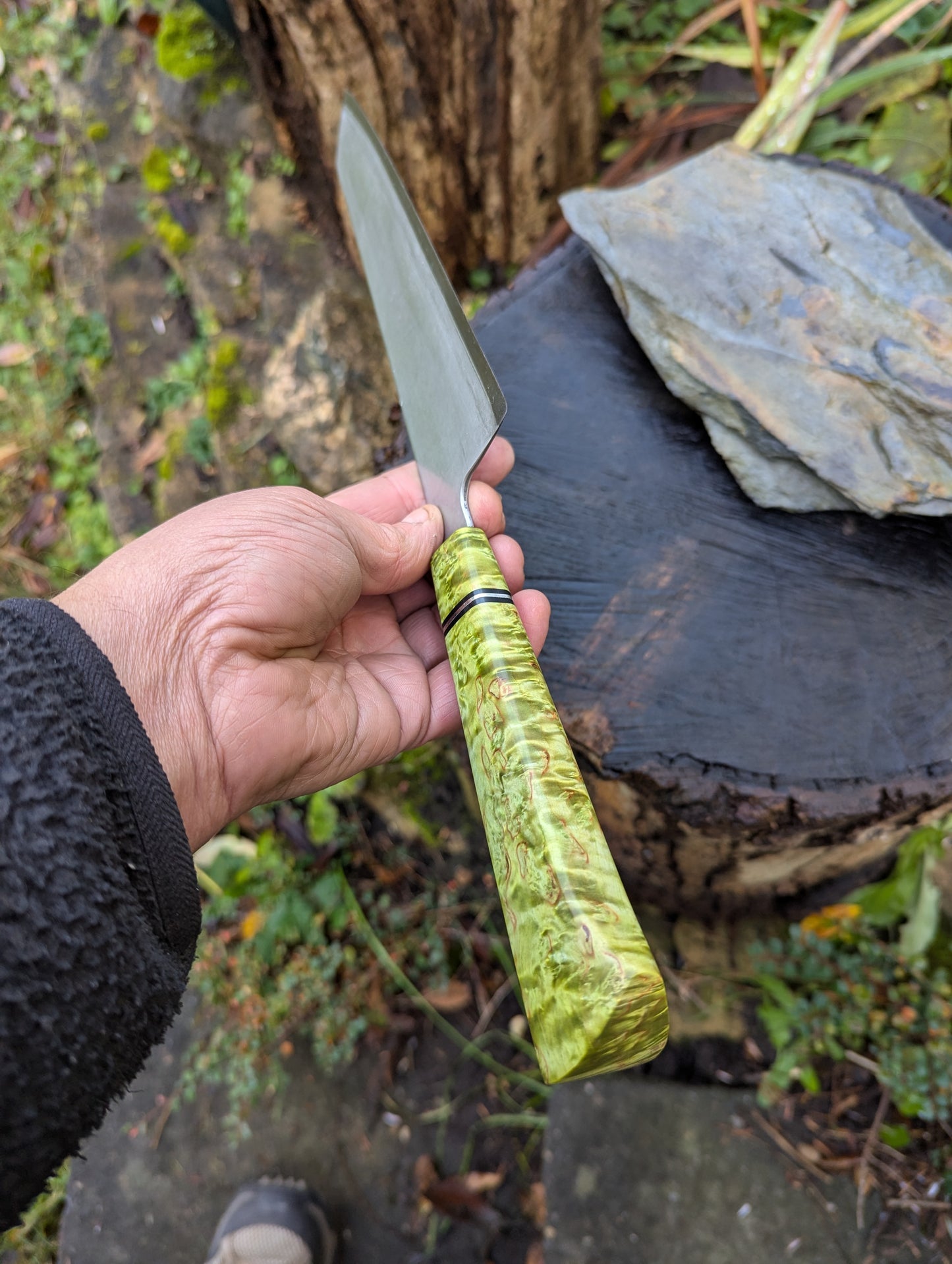 Handmade 8" chef's knife, Super blue Stainless Steel Clad San-Mai. Masur Birch handle