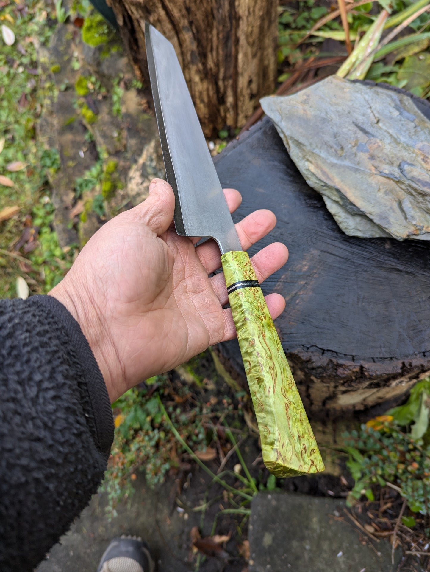 Handmade 8" chef's knife, Super blue Stainless Steel Clad San-Mai. Masur Birch handle