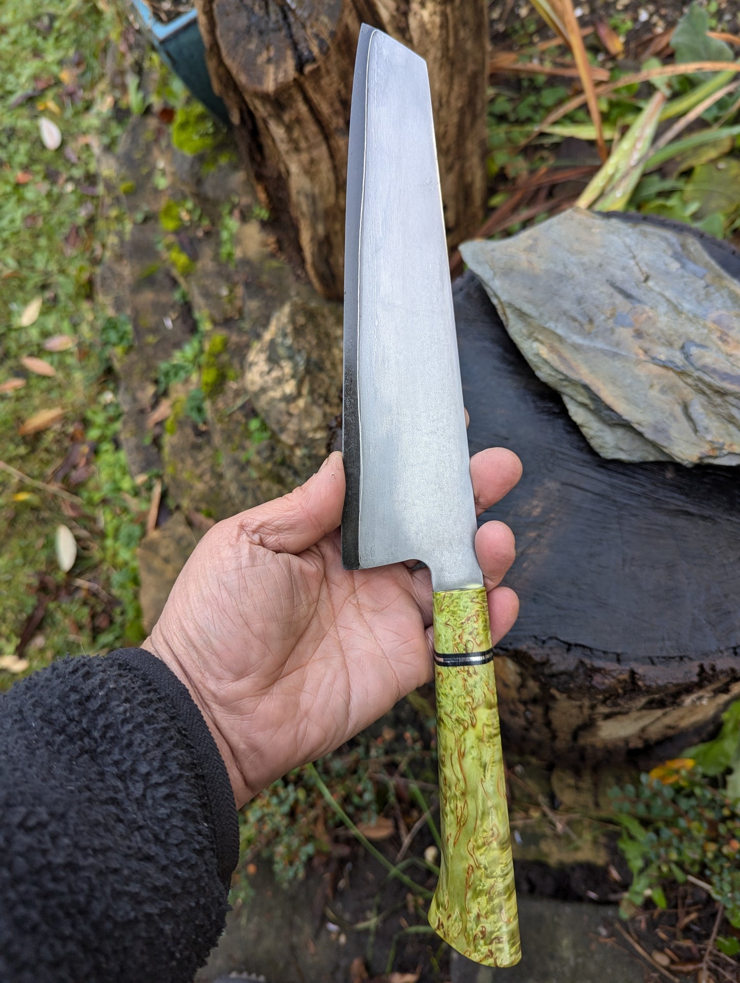 Handmade 8" chef's knife, Super blue Stainless Steel Clad San-Mai. Masur Birch handle