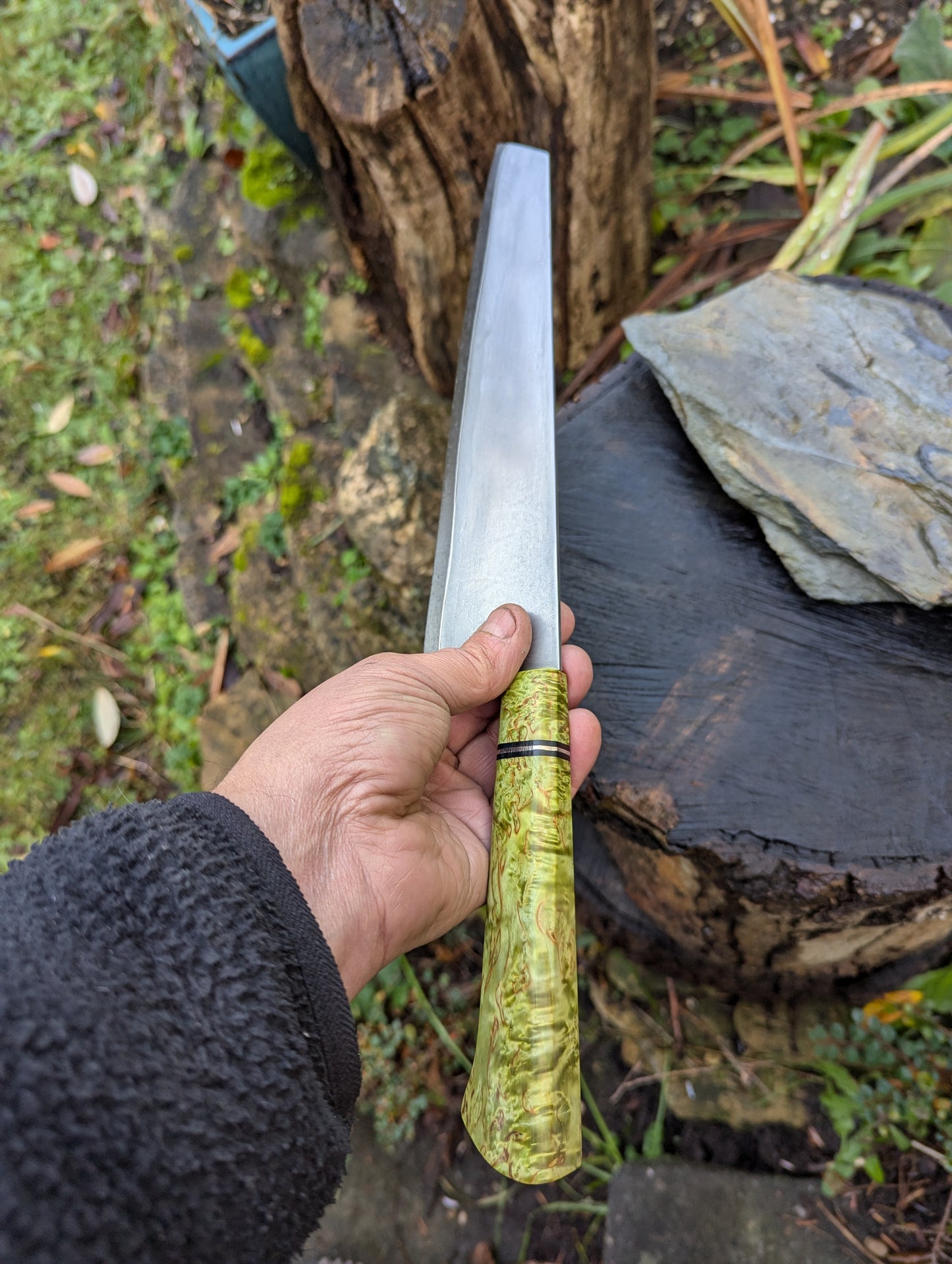 Handmade 8" chef's knife, Super blue Stainless Steel Clad San-Mai. Masur Birch handle