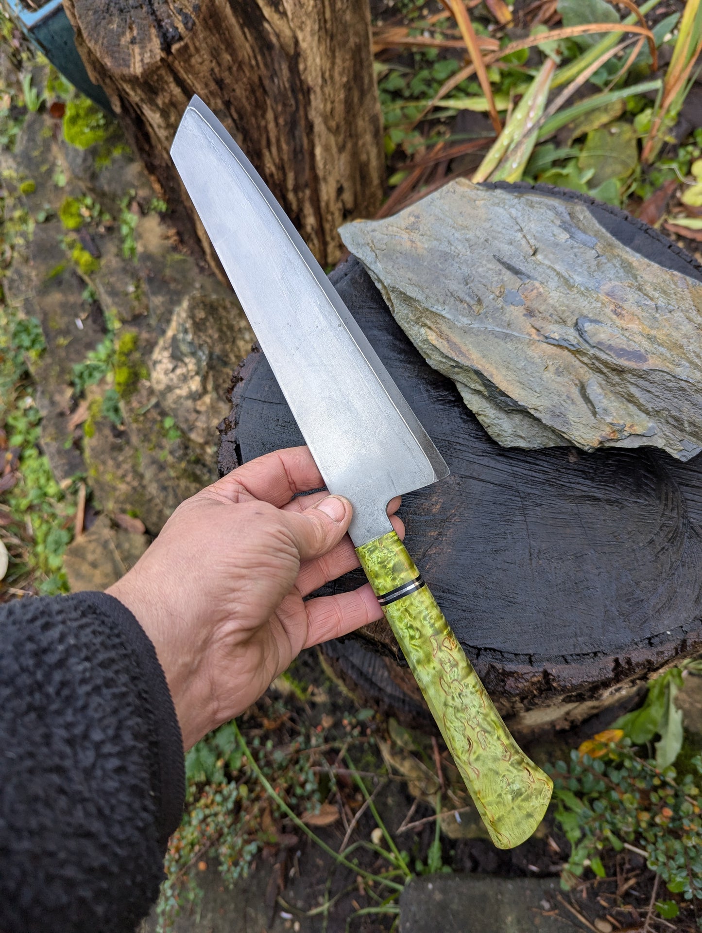 Handmade 8" chef's knife, Super blue Stainless Steel Clad San-Mai. Masur Birch handle