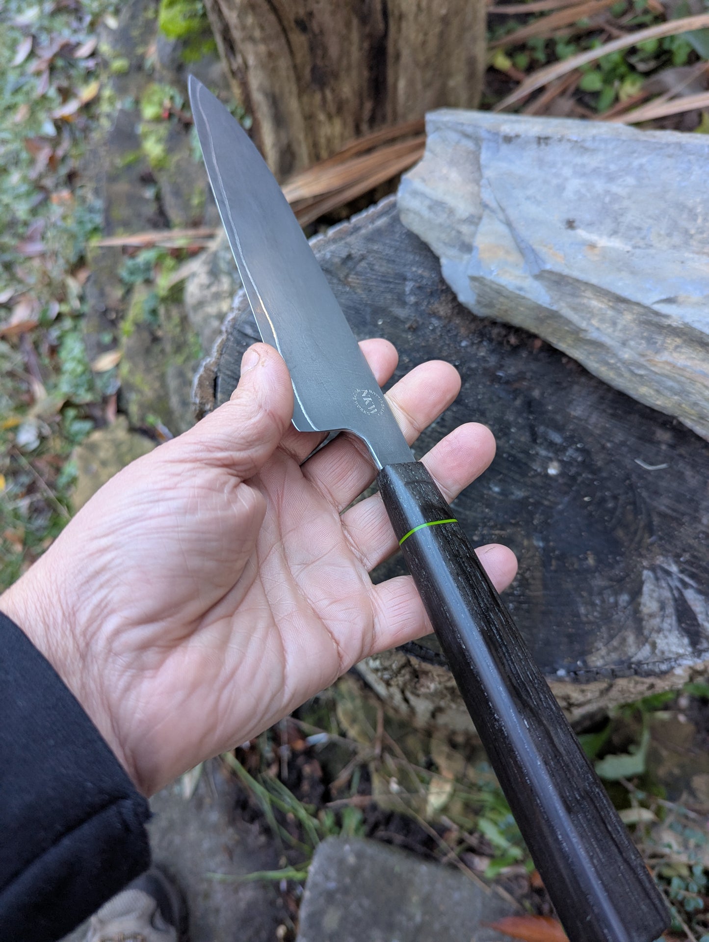 Hand-forged Dark-Mai ApexUltra core, 80crv2 and nickel. Bog oak with green G10 spacer