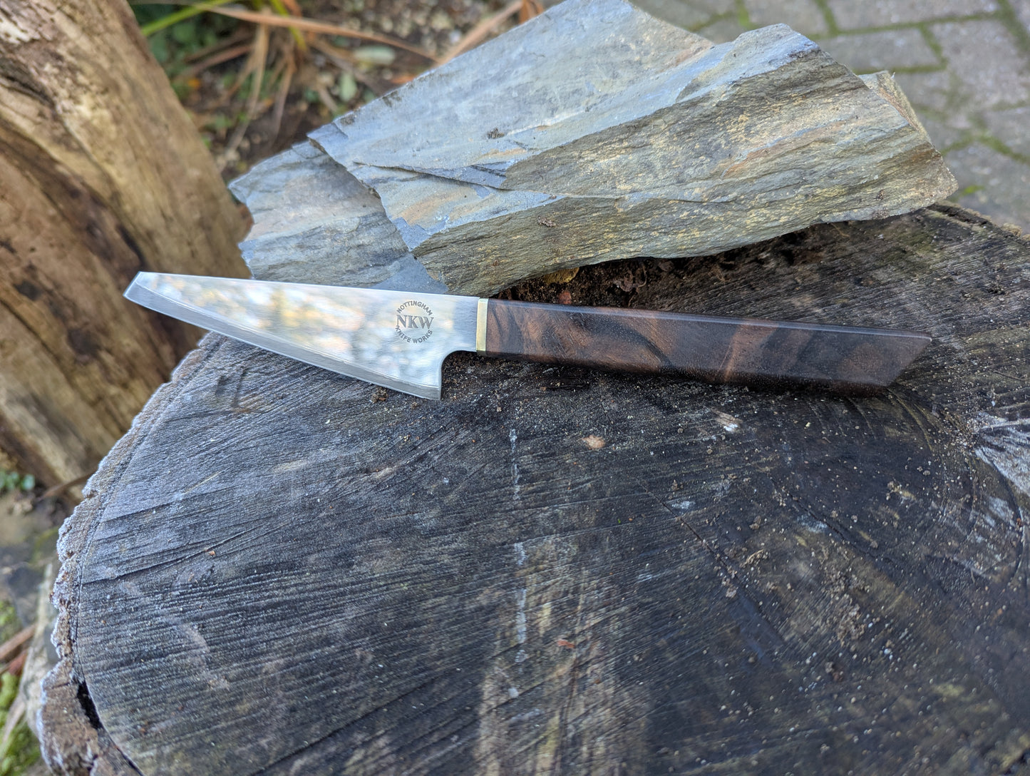 Handmade 4 ½ " utility knife, Super blue Stainless Steel Clad San-Mai. Turkish walnut handle (Sold out)