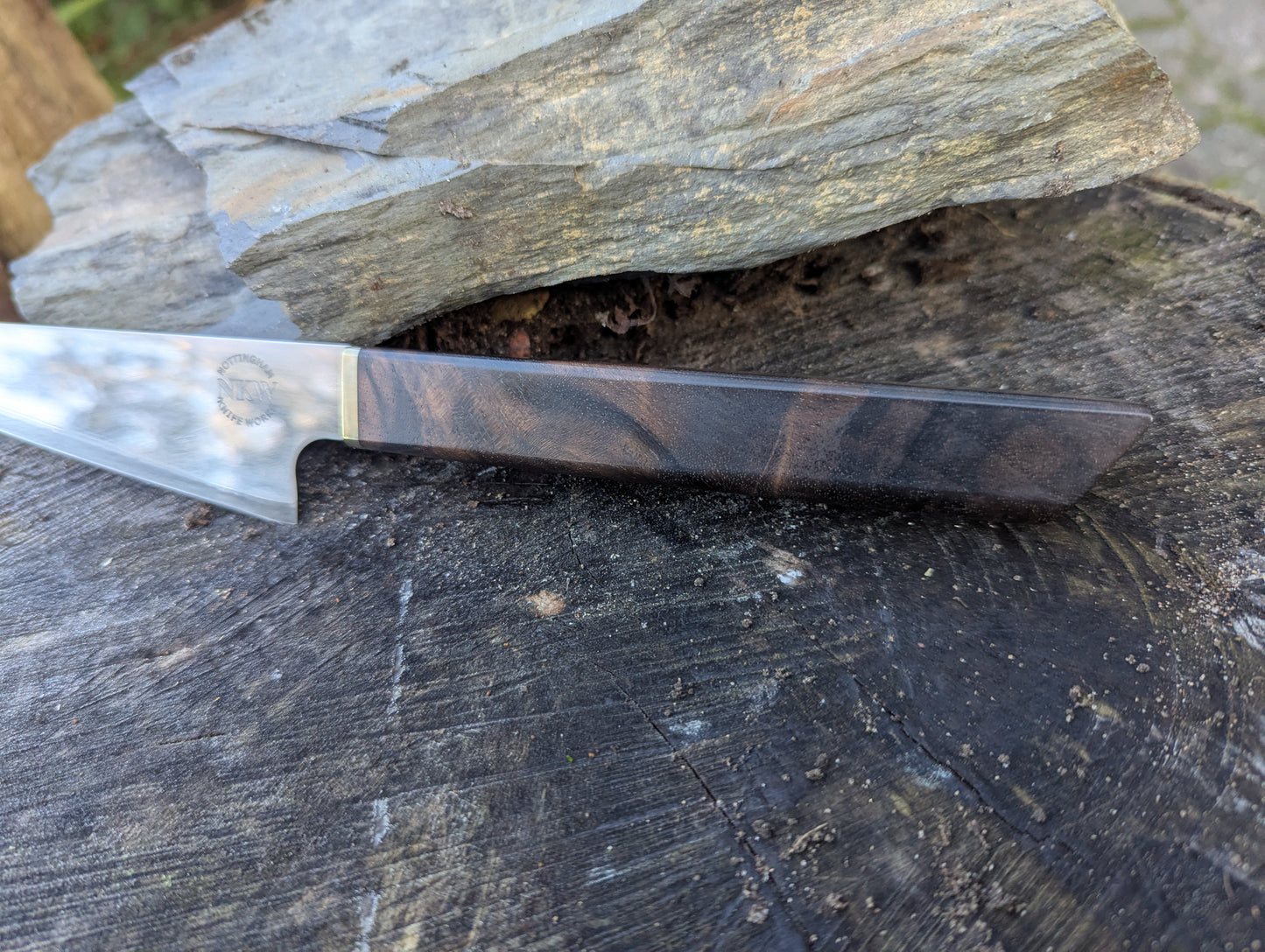 Handmade 4 ½ " utility knife, Super blue Stainless Steel Clad San-Mai. Turkish walnut handle (Sold out)