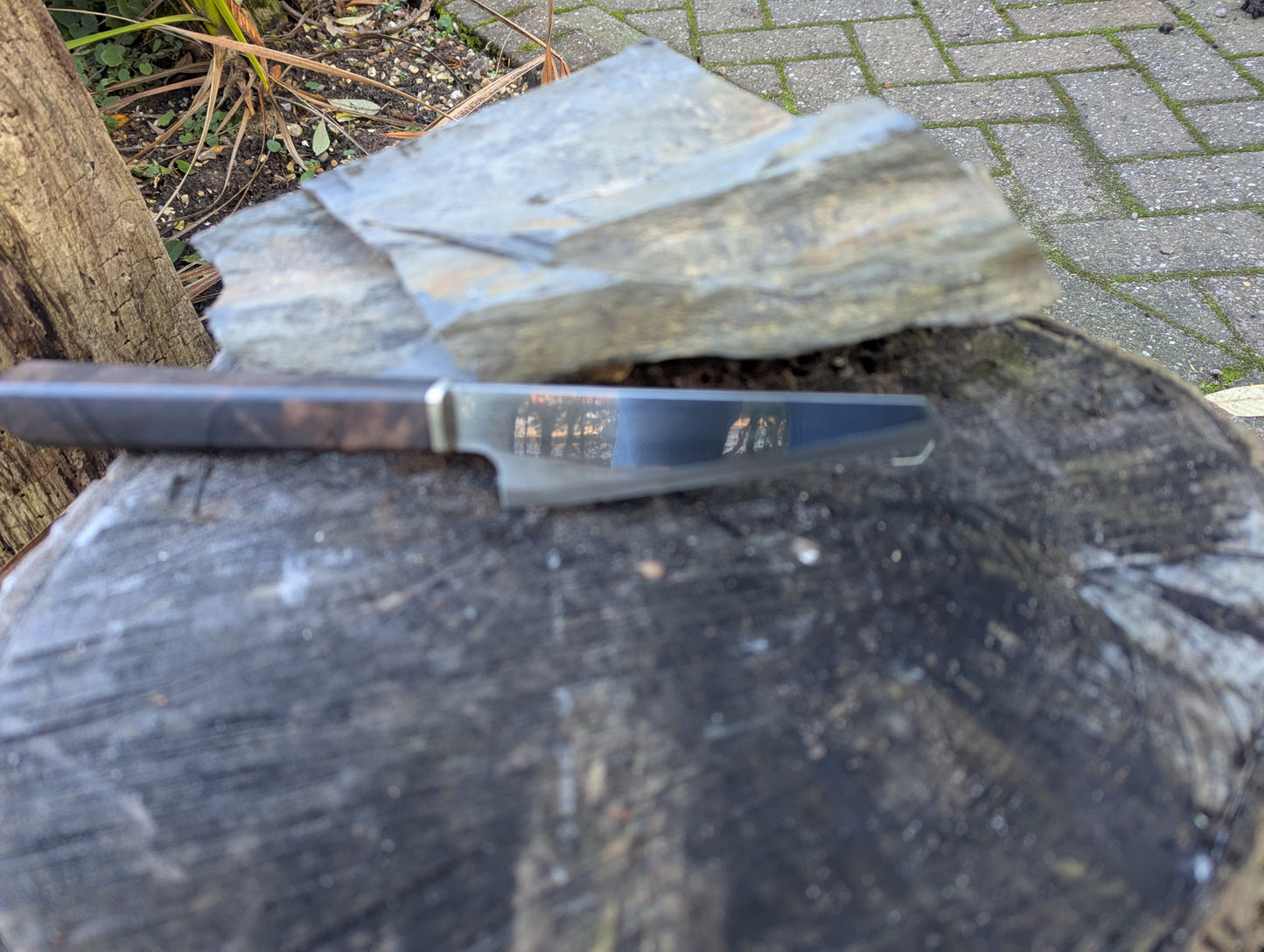 Handmade 4 ½ " utility knife, Super blue Stainless Steel Clad San-Mai. Turkish walnut handle (Sold out)