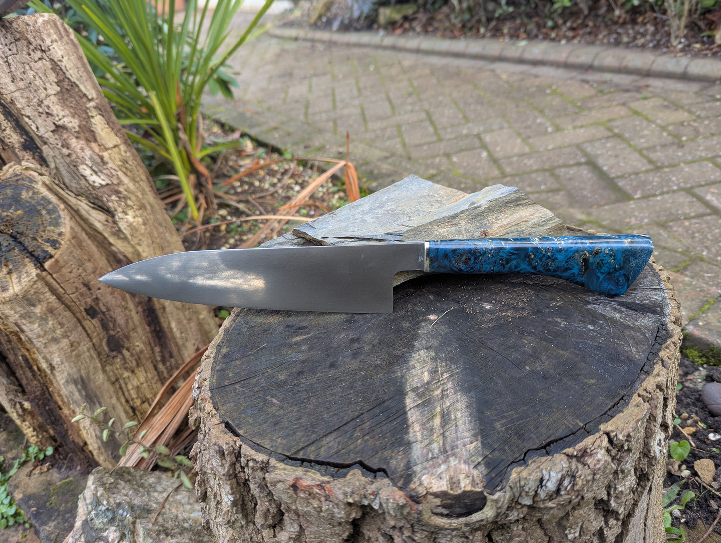 Hand made 8" ApexUltra carbon steel. Amboyna burl with nickel silver (Sold out)