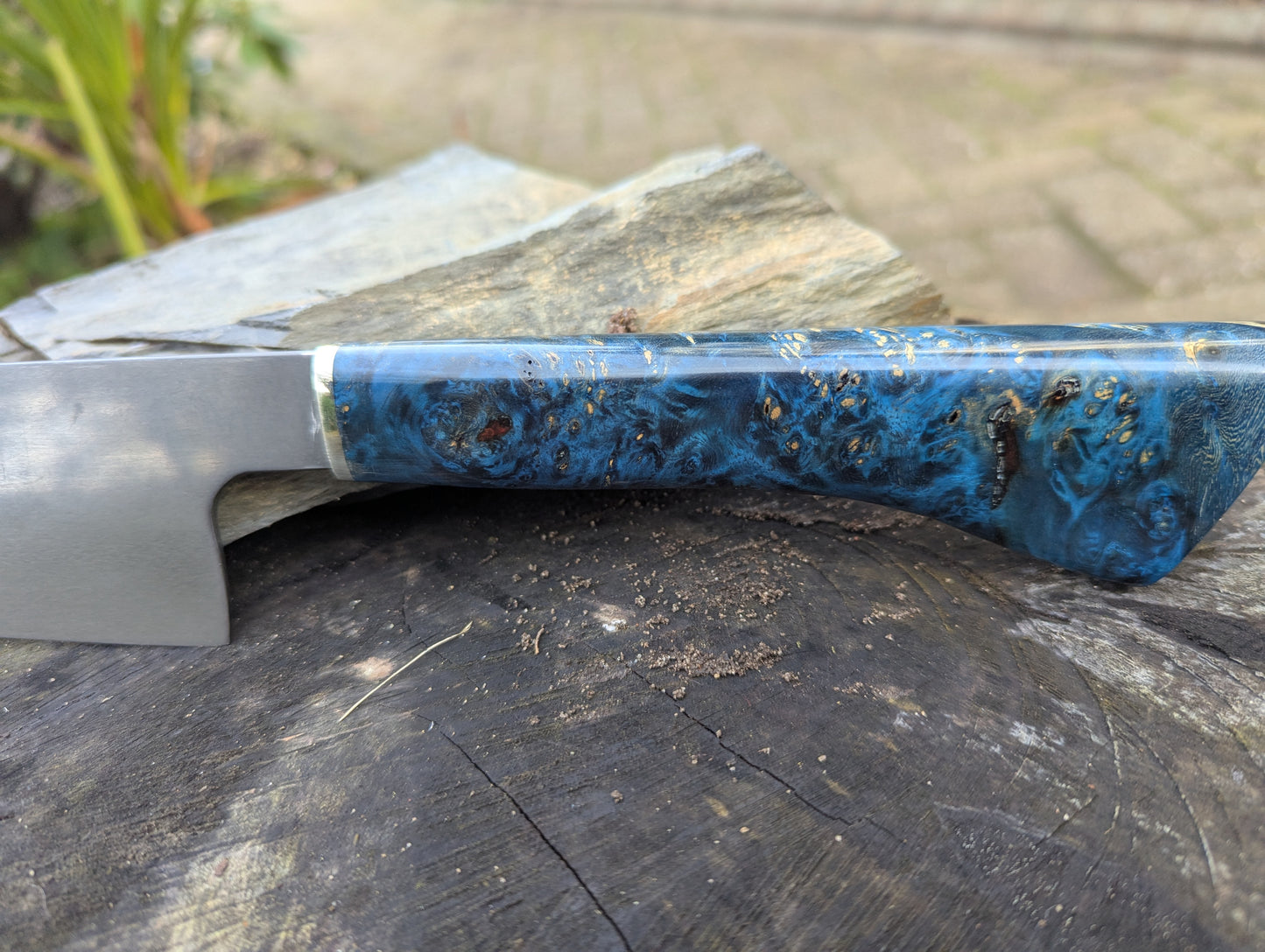 Hand made 8" ApexUltra carbon steel. Amboyna burl with nickel silver (Sold out)