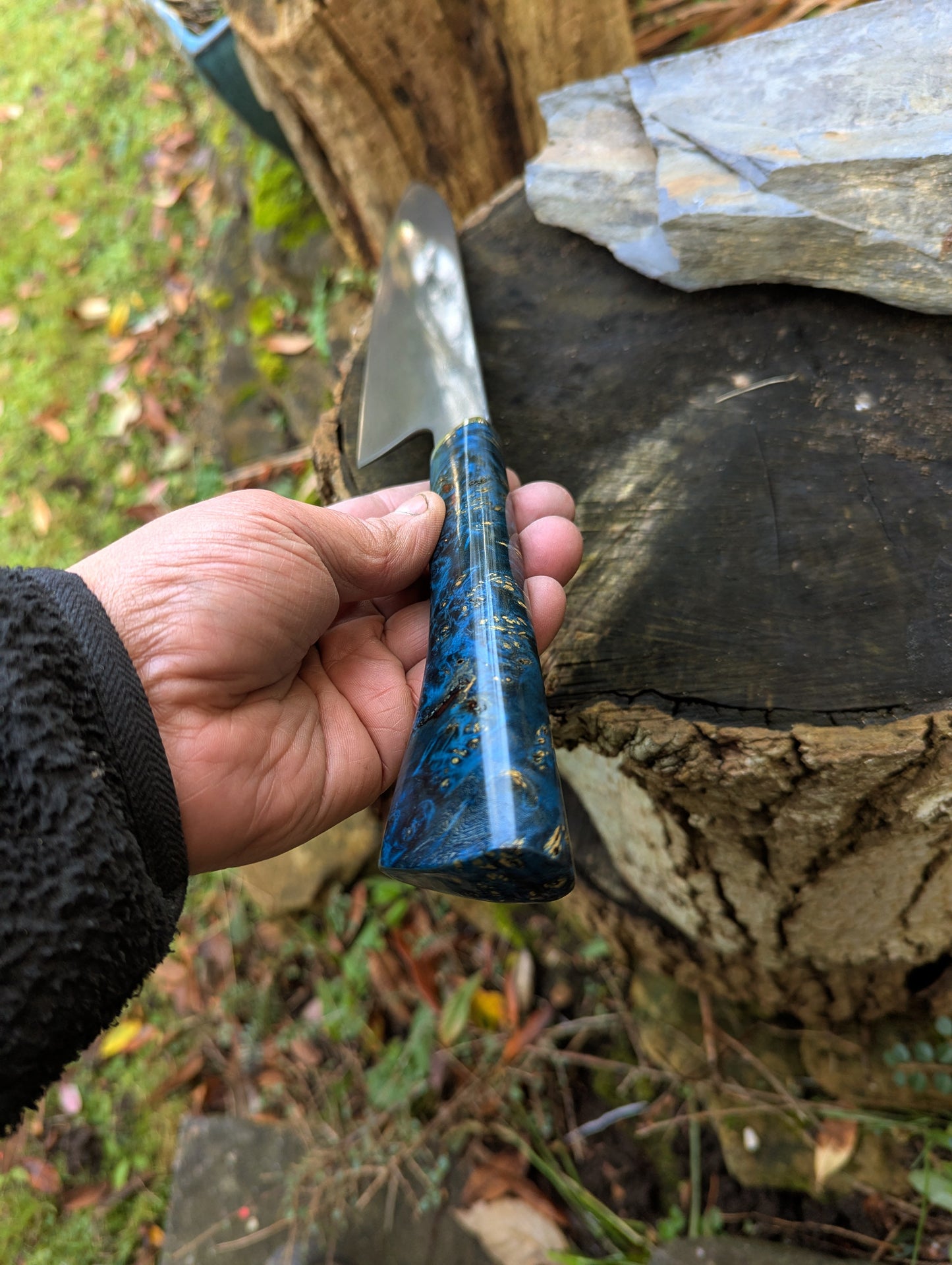 Hand made 8" ApexUltra carbon steel. Amboyna burl with nickel silver (Sold out)