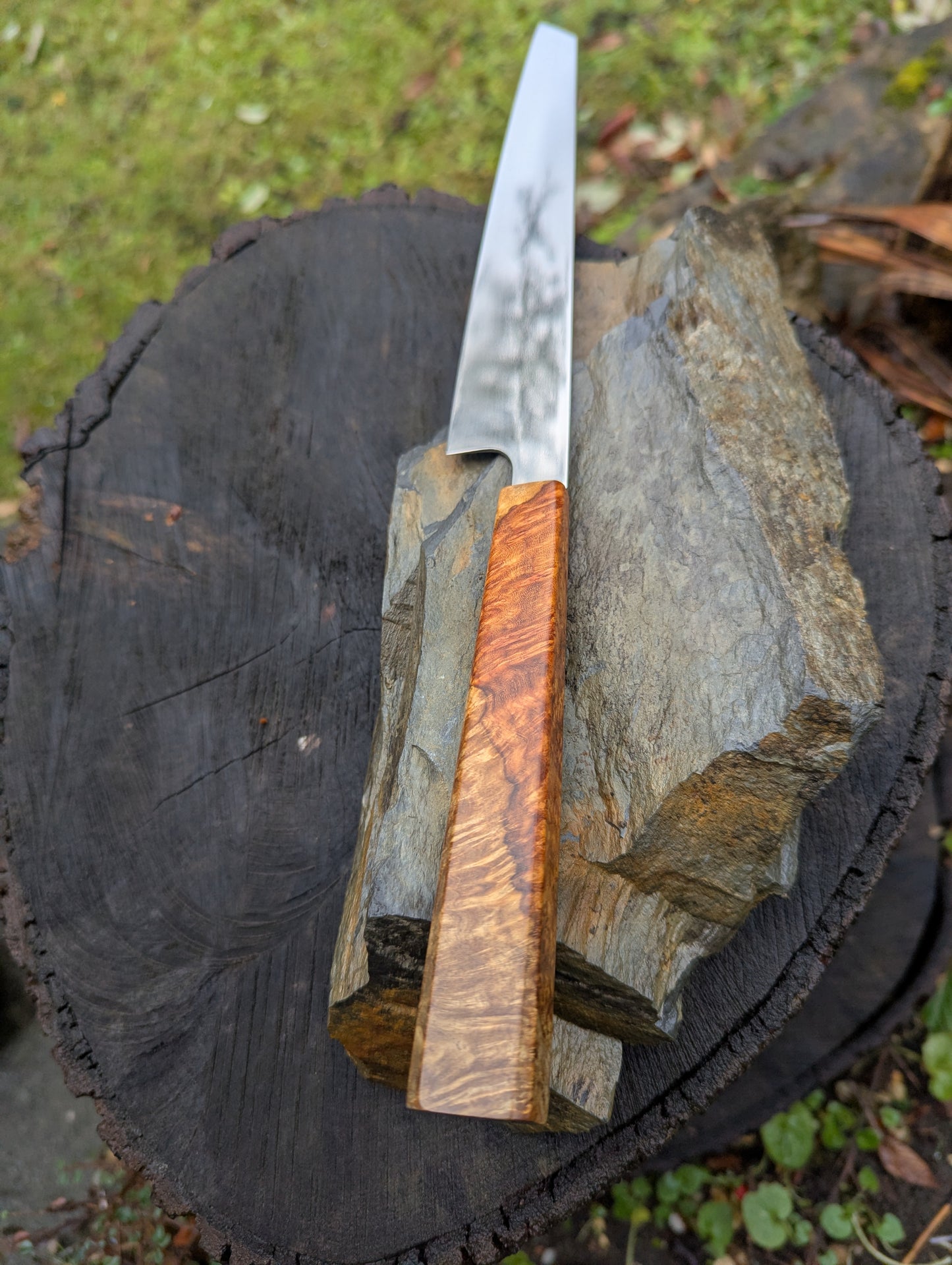 Hand made 7" Damasteel RWL34 stainless steel. Natural Amboyna burl