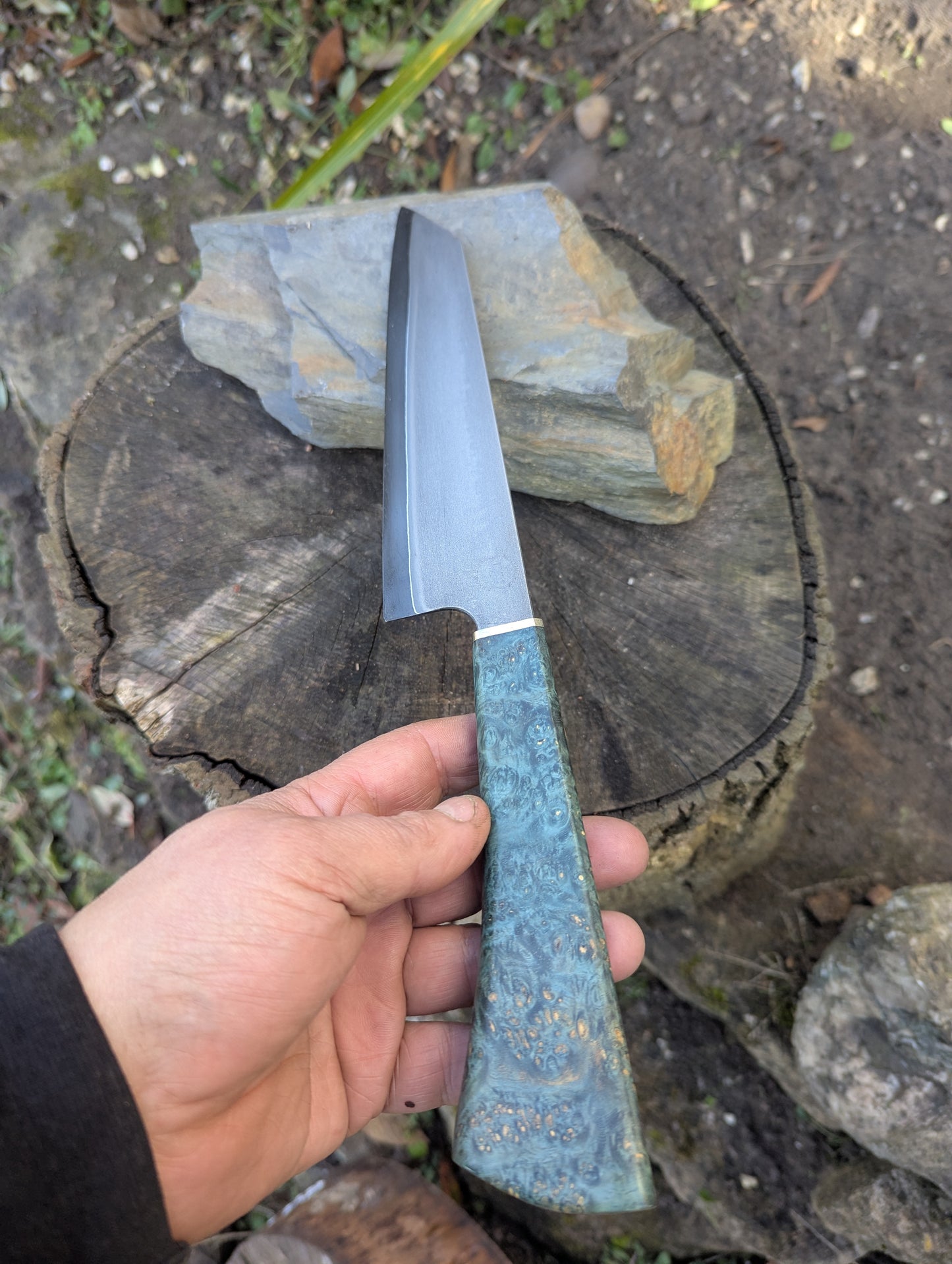 Hand made 8" Takefu super blue stainless clad San Mai. Amboyna burl with nickel silver