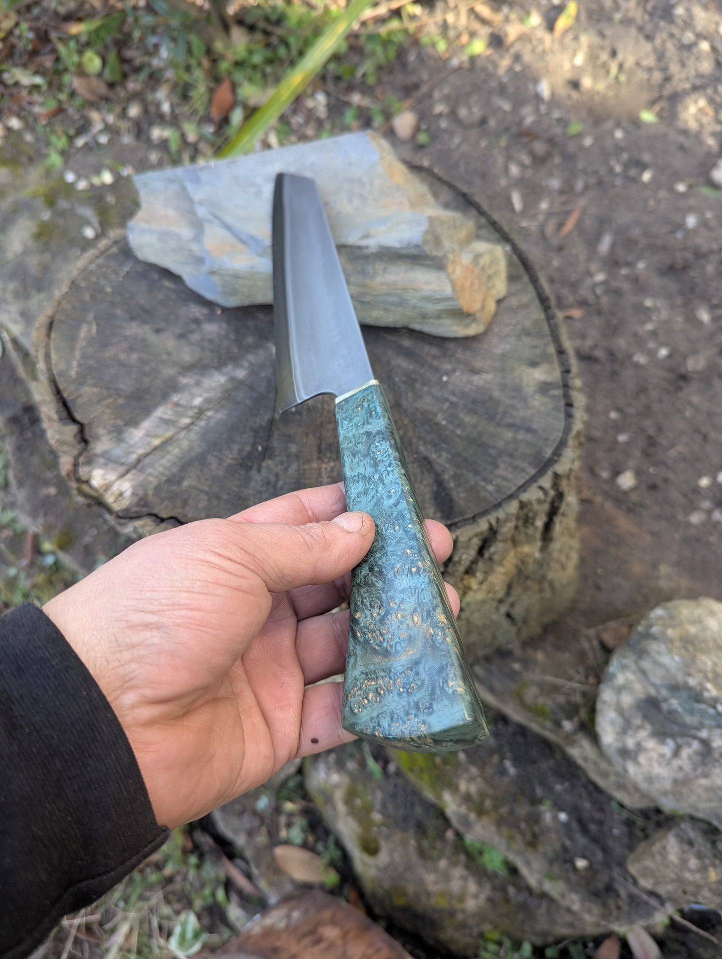 Hand made 8" Takefu super blue stainless clad San Mai. Amboyna burl with nickel silver