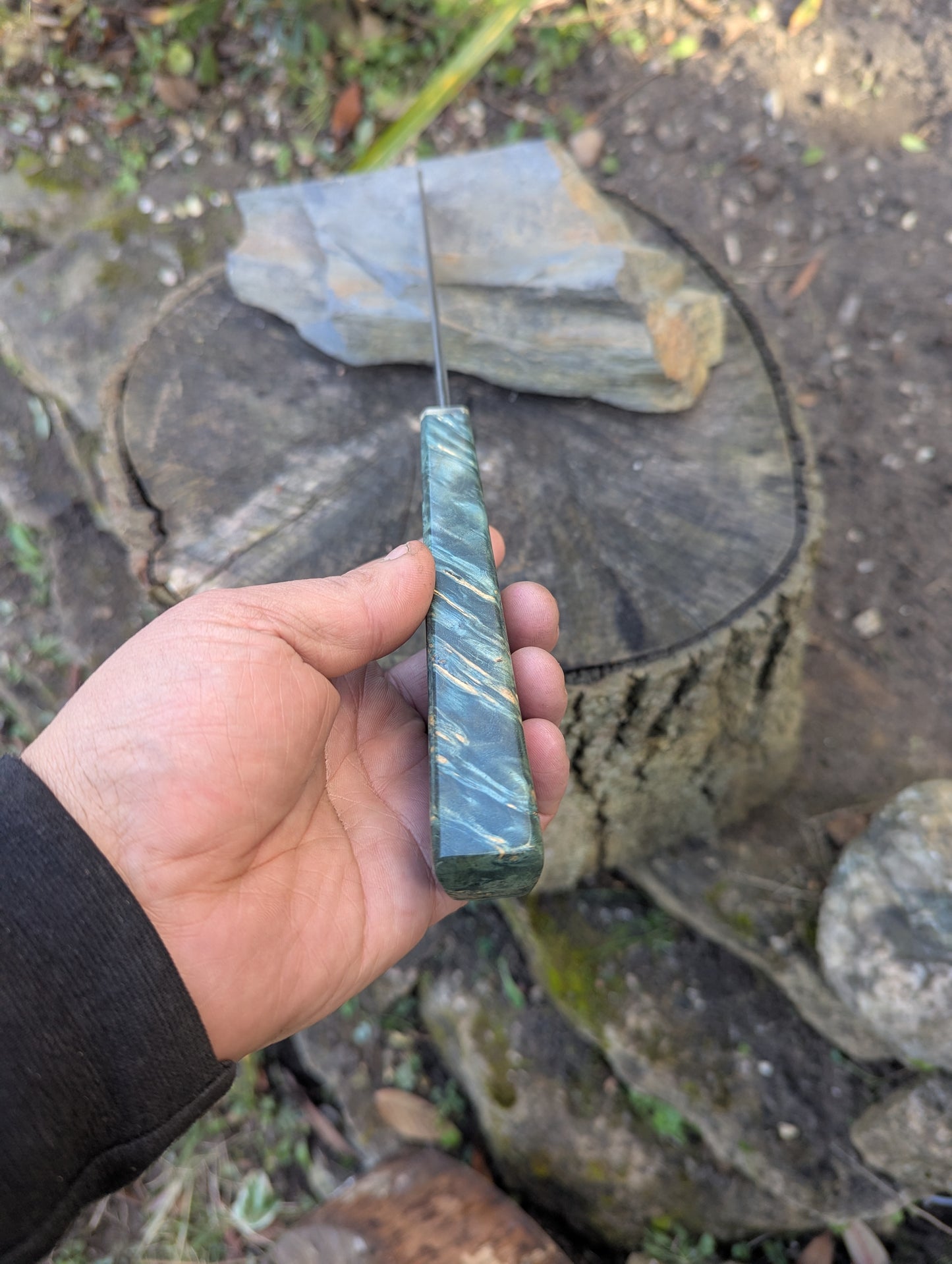 Hand made 8" Takefu super blue stainless clad San Mai. Amboyna burl with nickel silver