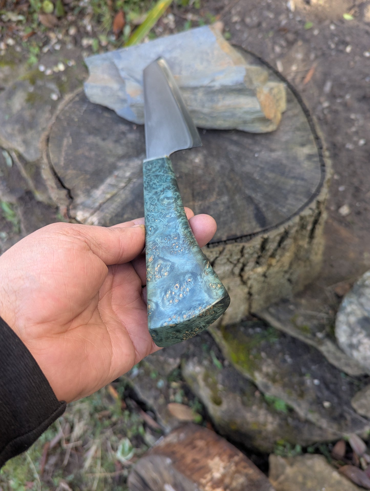 Hand made 8" Takefu super blue stainless clad San Mai. Amboyna burl with nickel silver