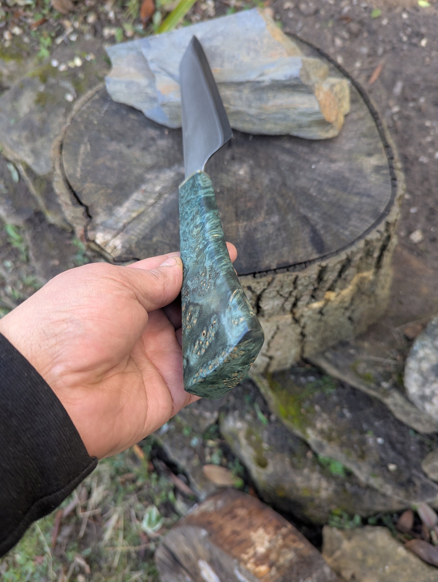 Hand made 8" Takefu super blue stainless clad San Mai. Amboyna burl with nickel silver