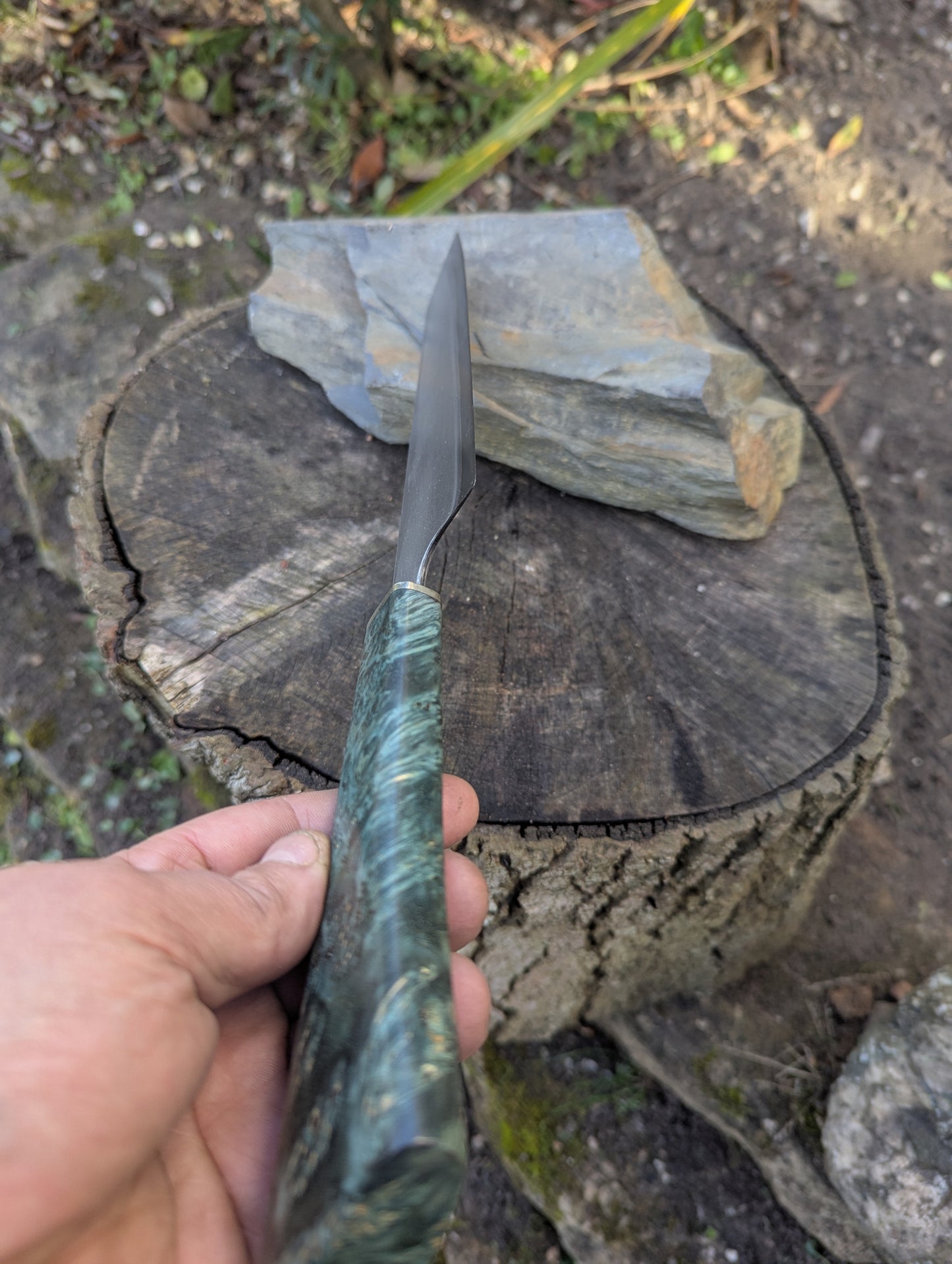 Hand made 8" Takefu super blue stainless clad San Mai. Amboyna burl with nickel silver