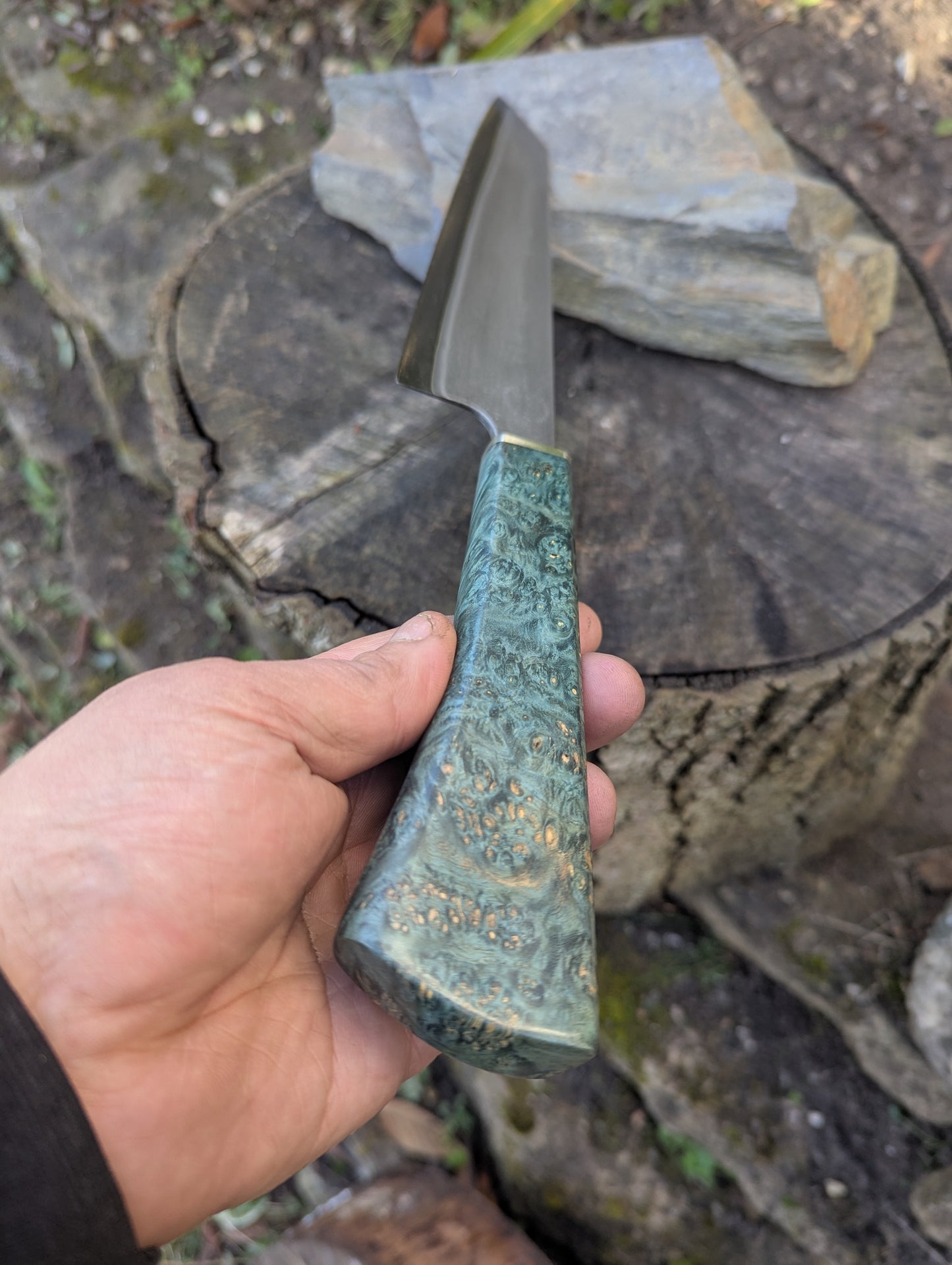 Hand made 8" Takefu super blue stainless clad San Mai. Amboyna burl with nickel silver