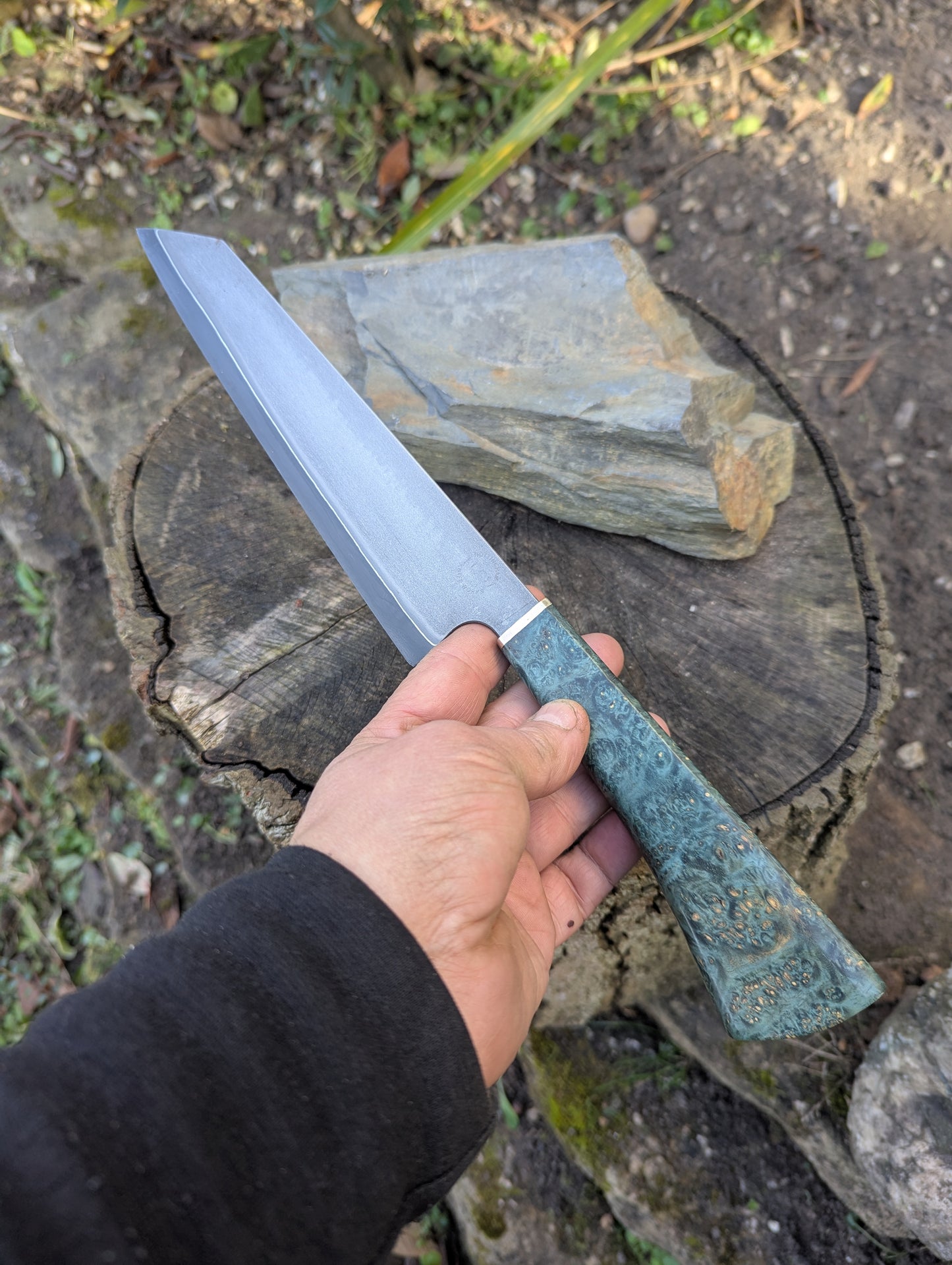 Hand made 8" Takefu super blue stainless clad San Mai. Amboyna burl with nickel silver