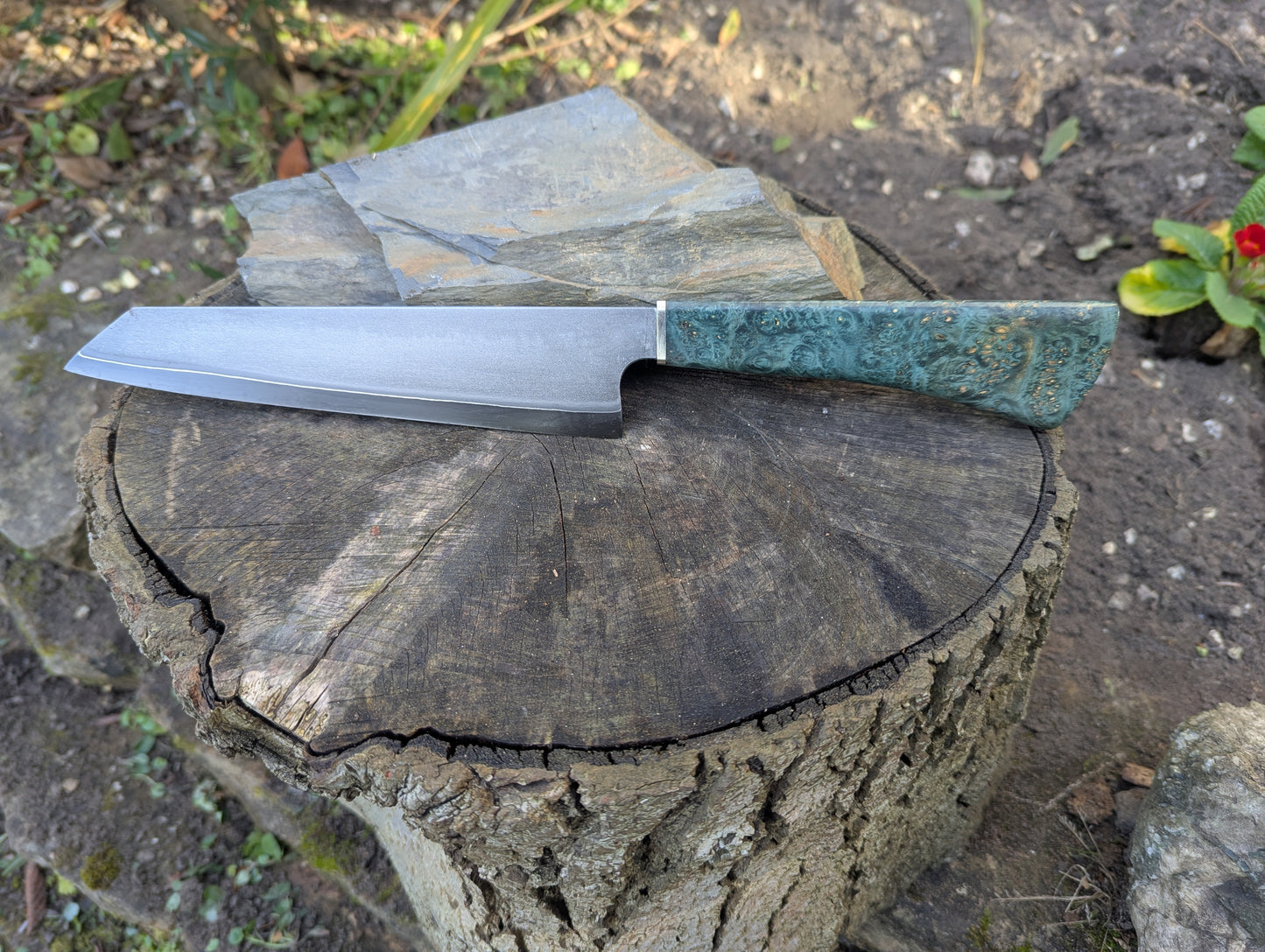 Hand made 8" Takefu super blue stainless clad San Mai. Amboyna burl with nickel silver