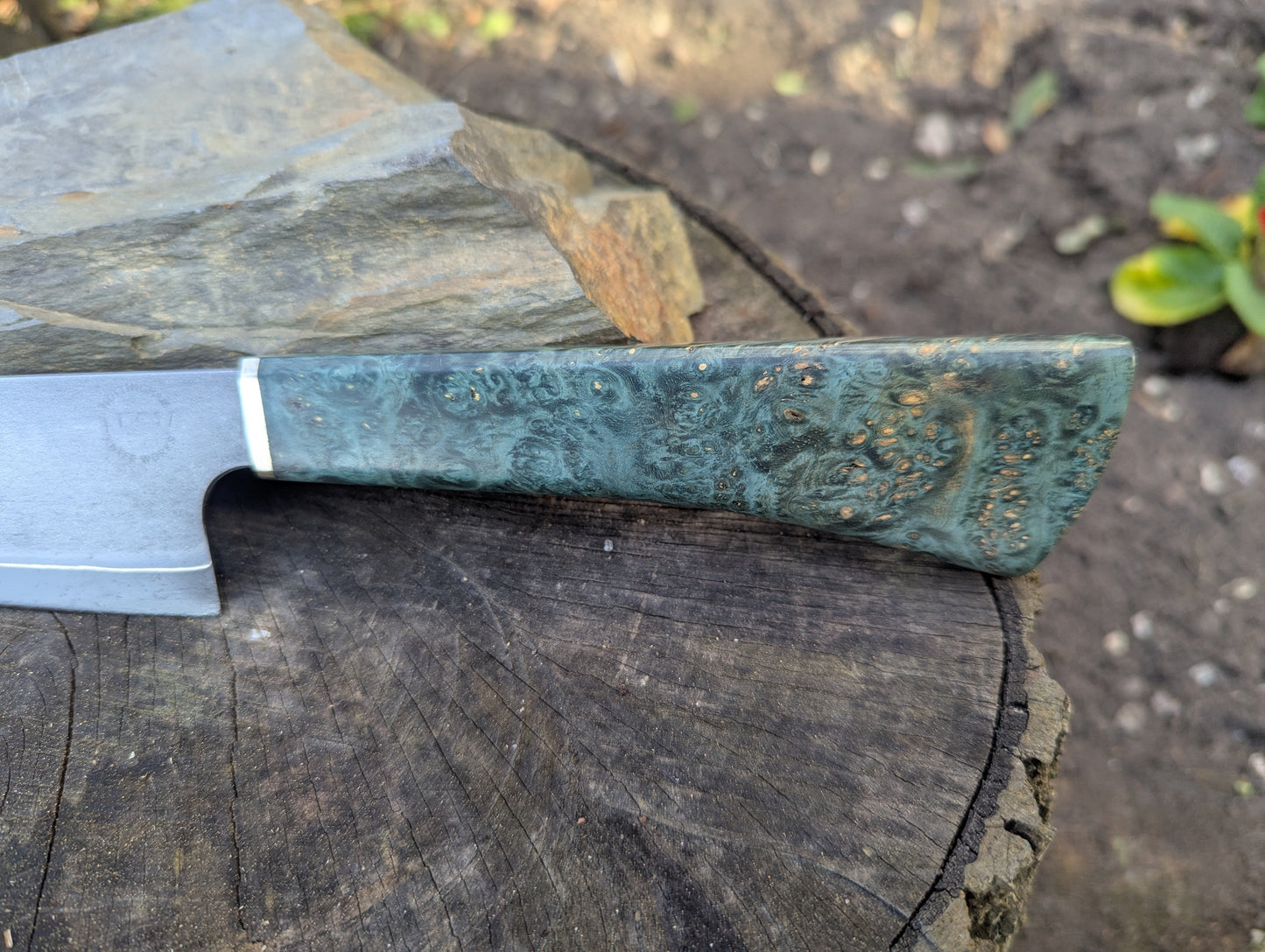 Hand made 8" Takefu super blue stainless clad San Mai. Amboyna burl with nickel silver