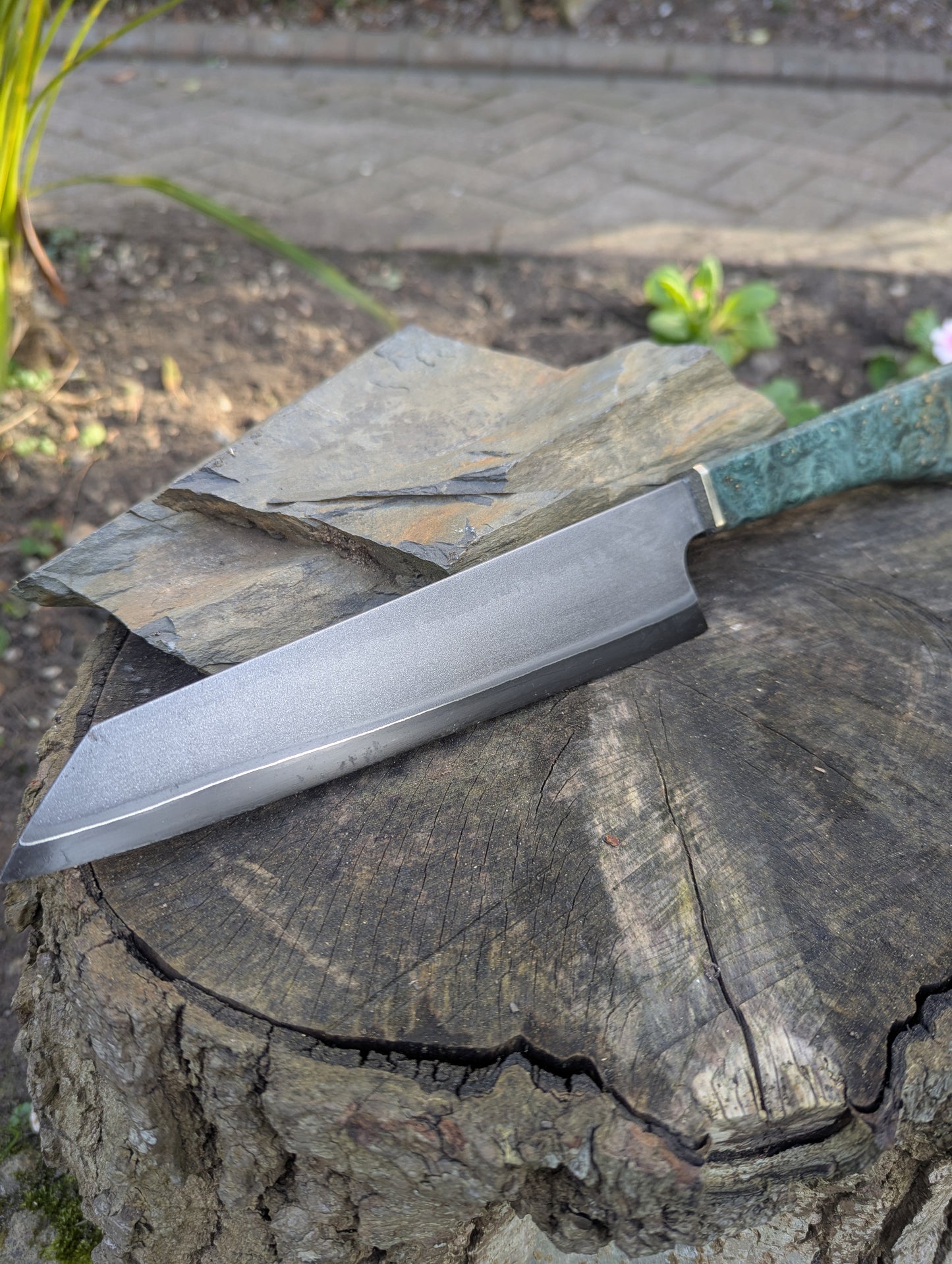 Hand made 8" Takefu super blue stainless clad San Mai. Amboyna burl with nickel silver