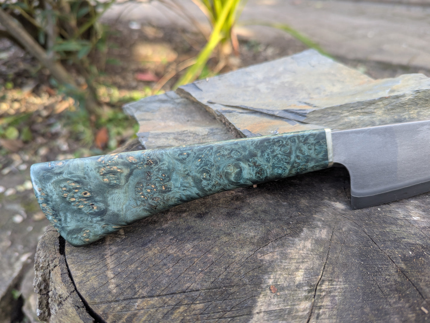 Hand made 8" Takefu super blue stainless clad San Mai. Amboyna burl with nickel silver