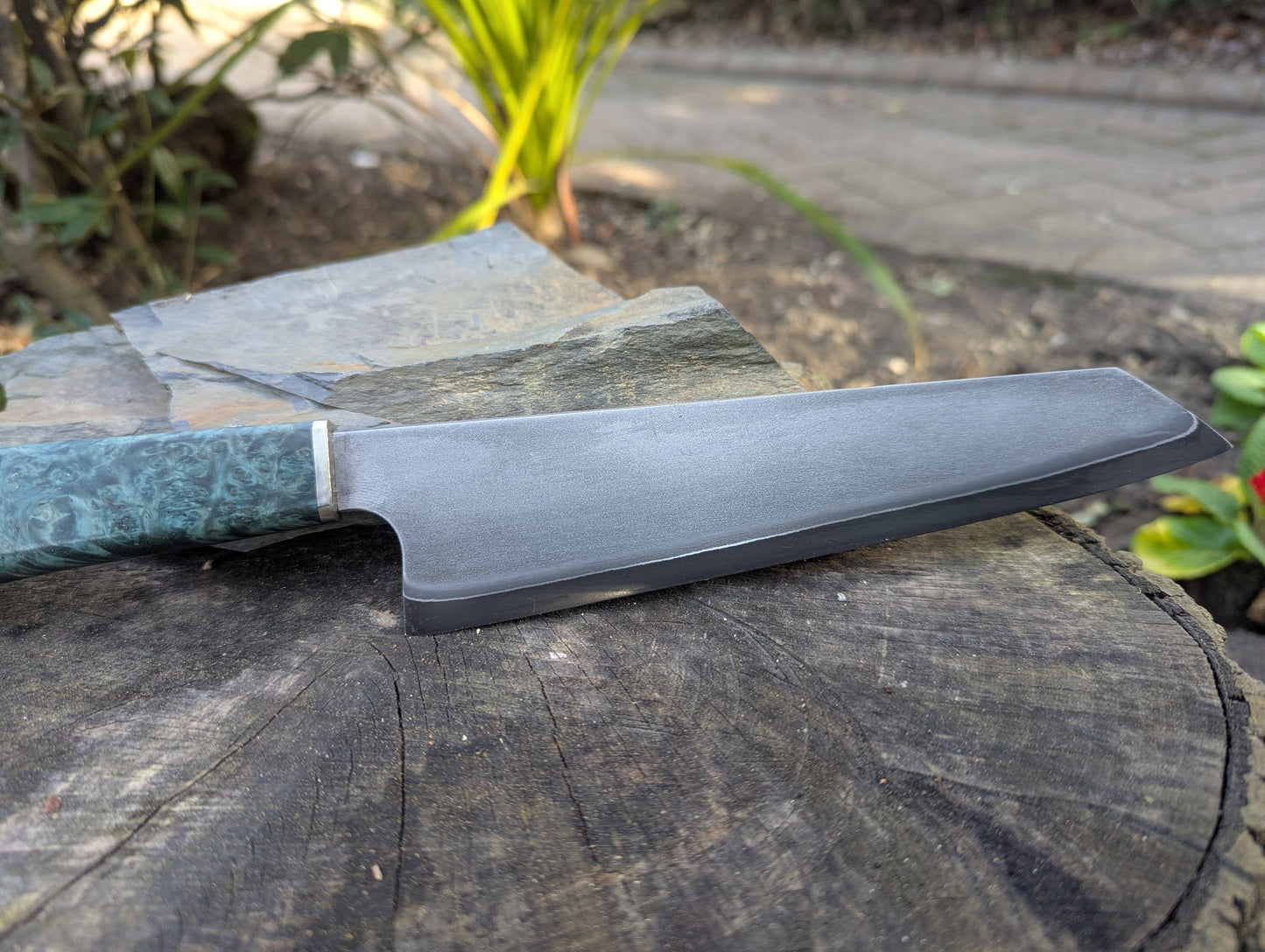 Hand made 8" Takefu super blue stainless clad San Mai. Amboyna burl with nickel silver