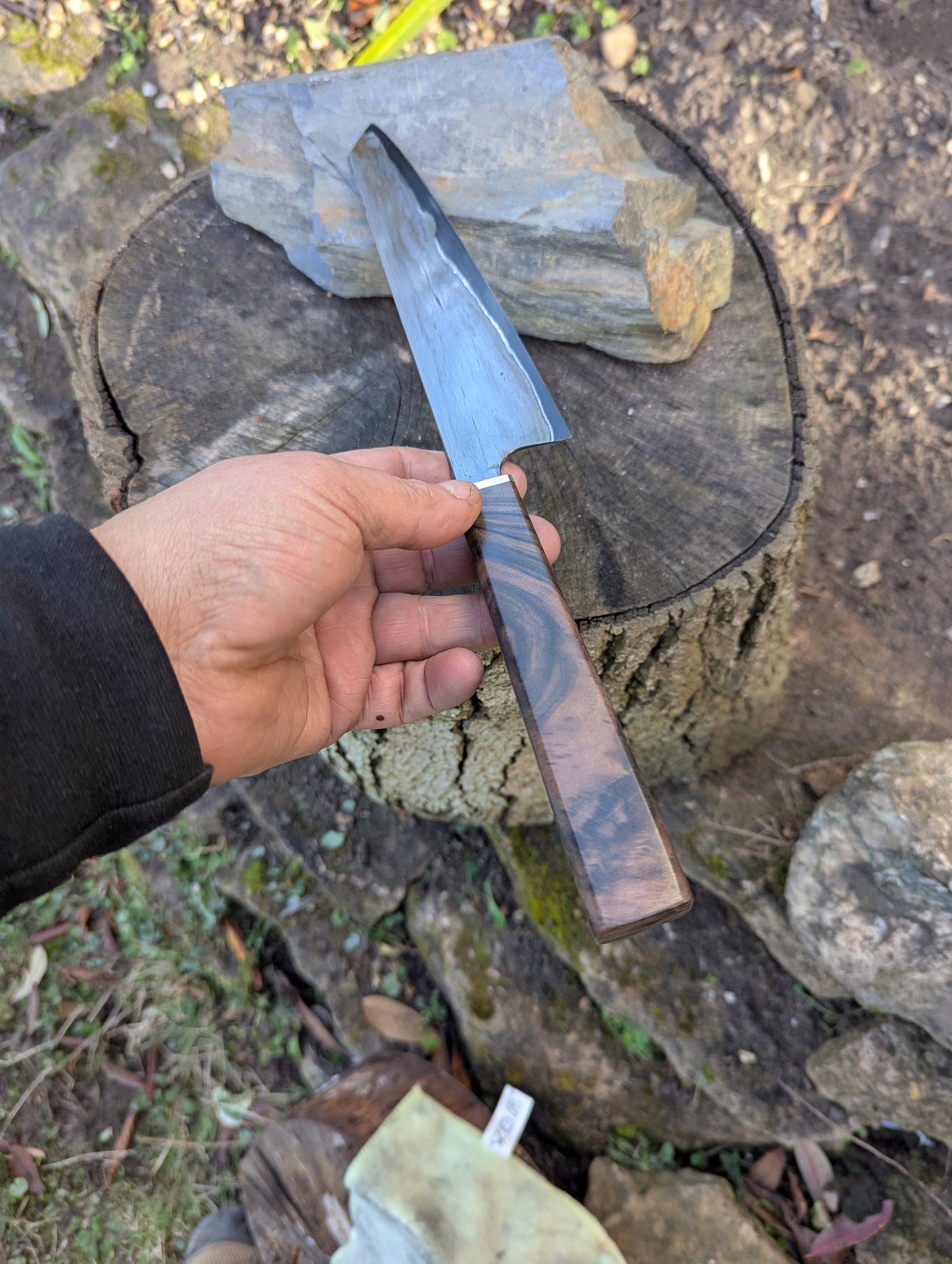 Hand made 8" carbon steel core and Wrought iron cladding with nickel San Mai. Turkish walnut with nickel silver