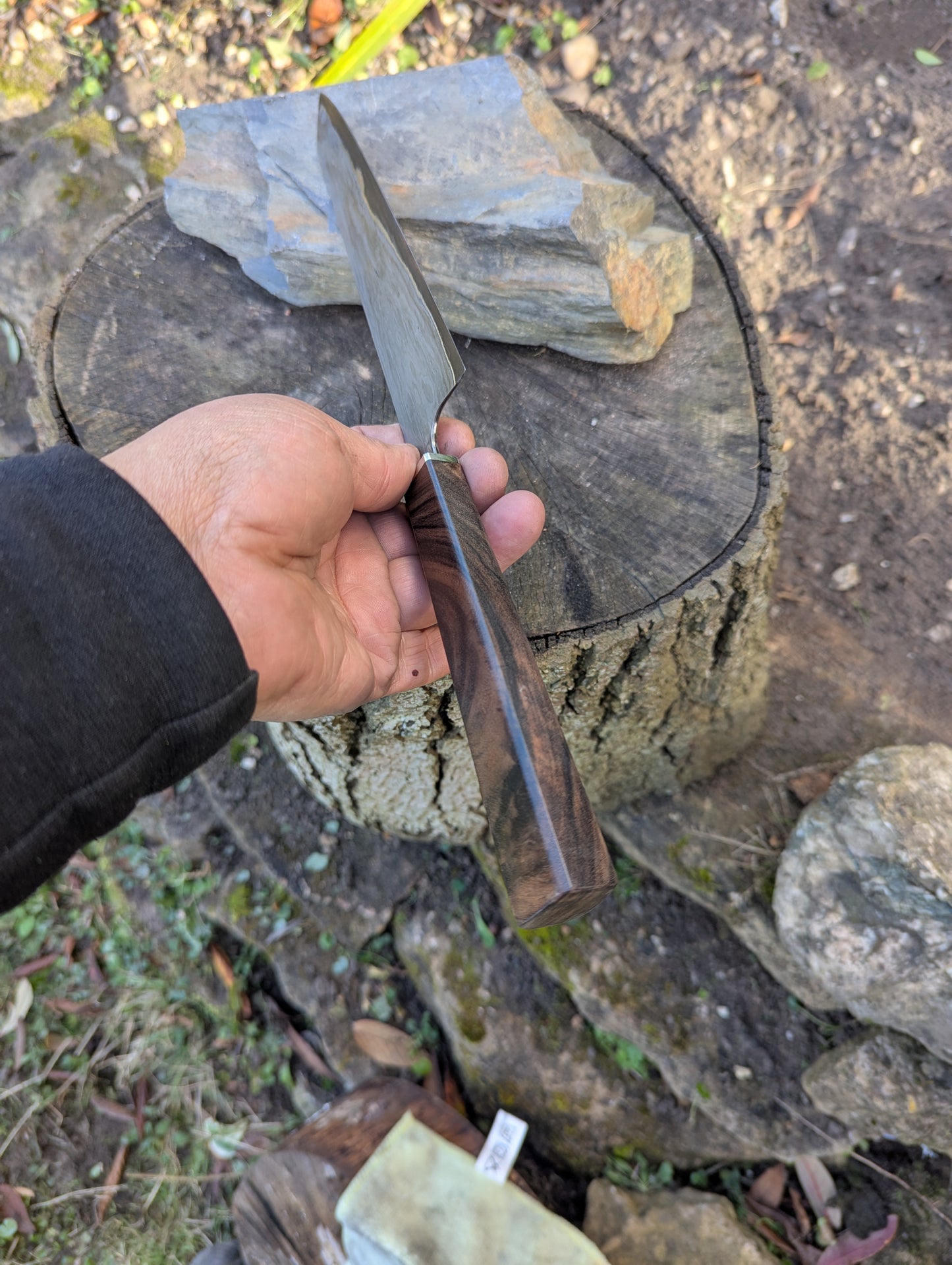 Hand made 8" carbon steel core and Wrought iron cladding with nickel San Mai. Turkish walnut with nickel silver