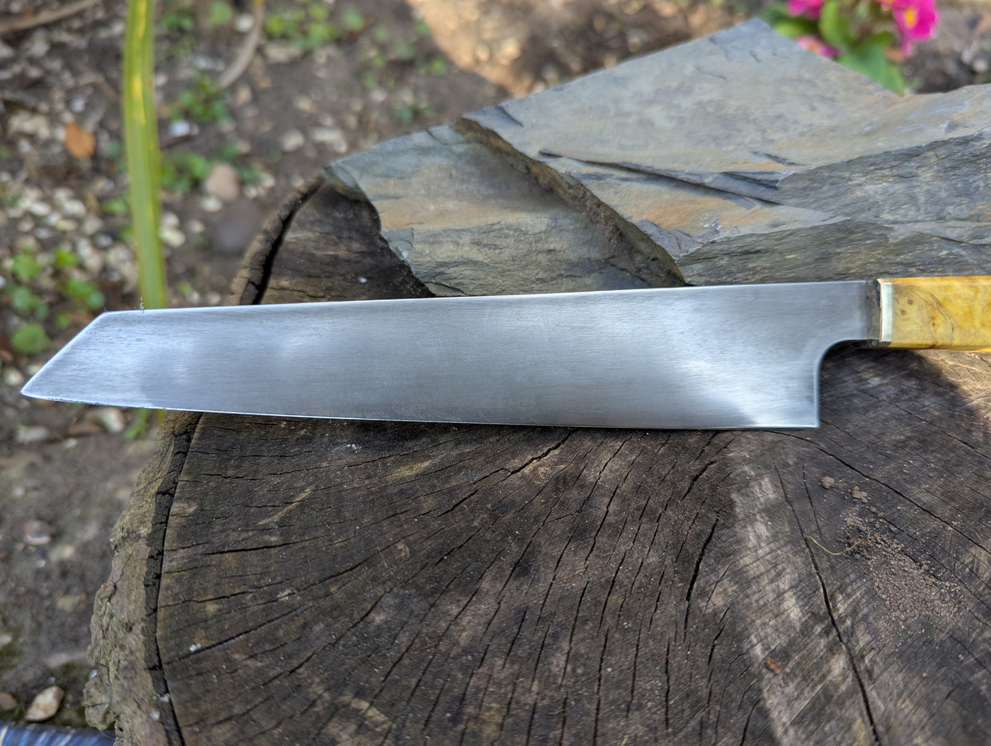 Hand made 8" ApexUltra carbon steel. Ash burl handle