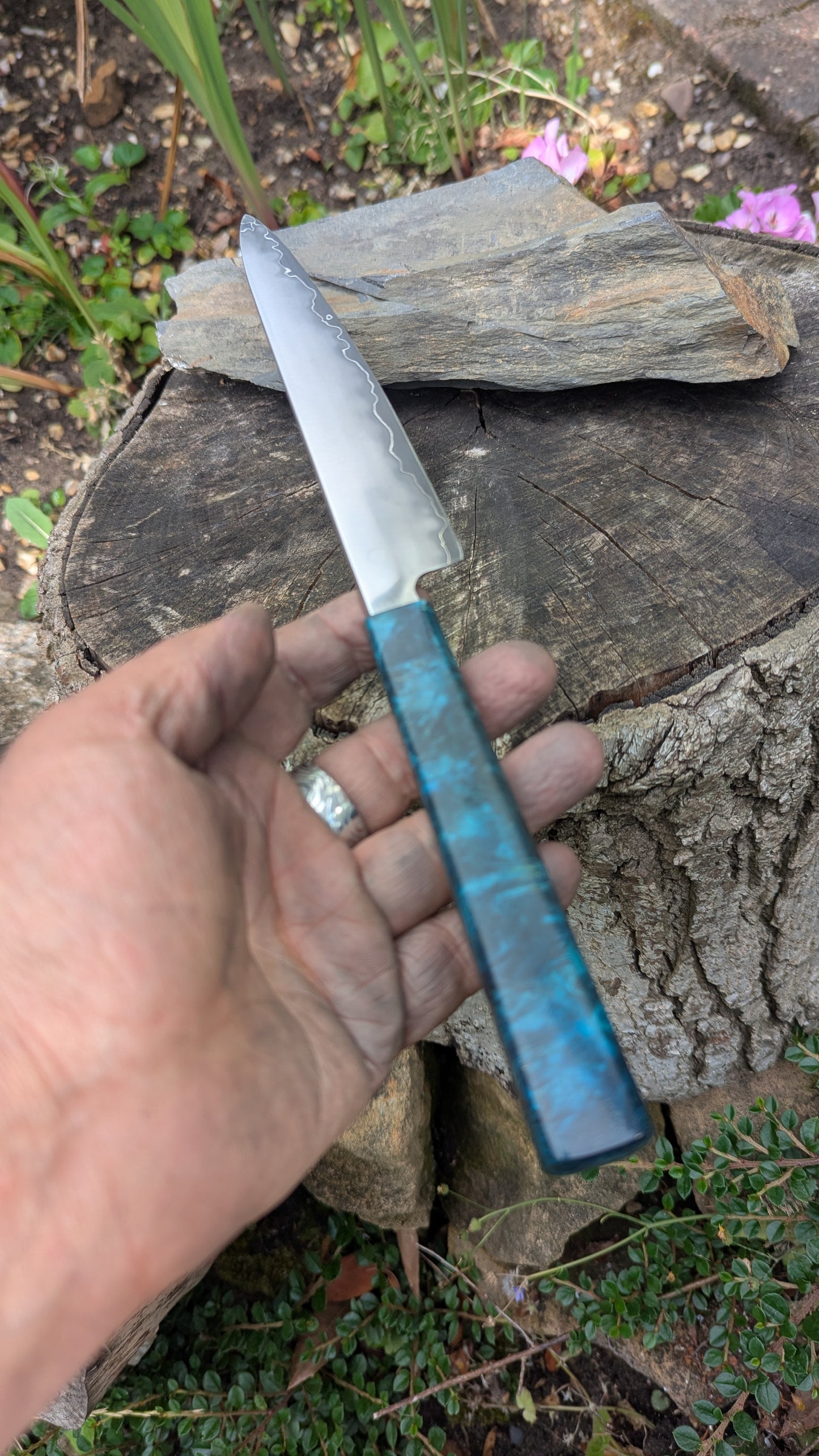 Hand made 6" Takefu super blue stainless clad San Mai. Amboyna burl handle