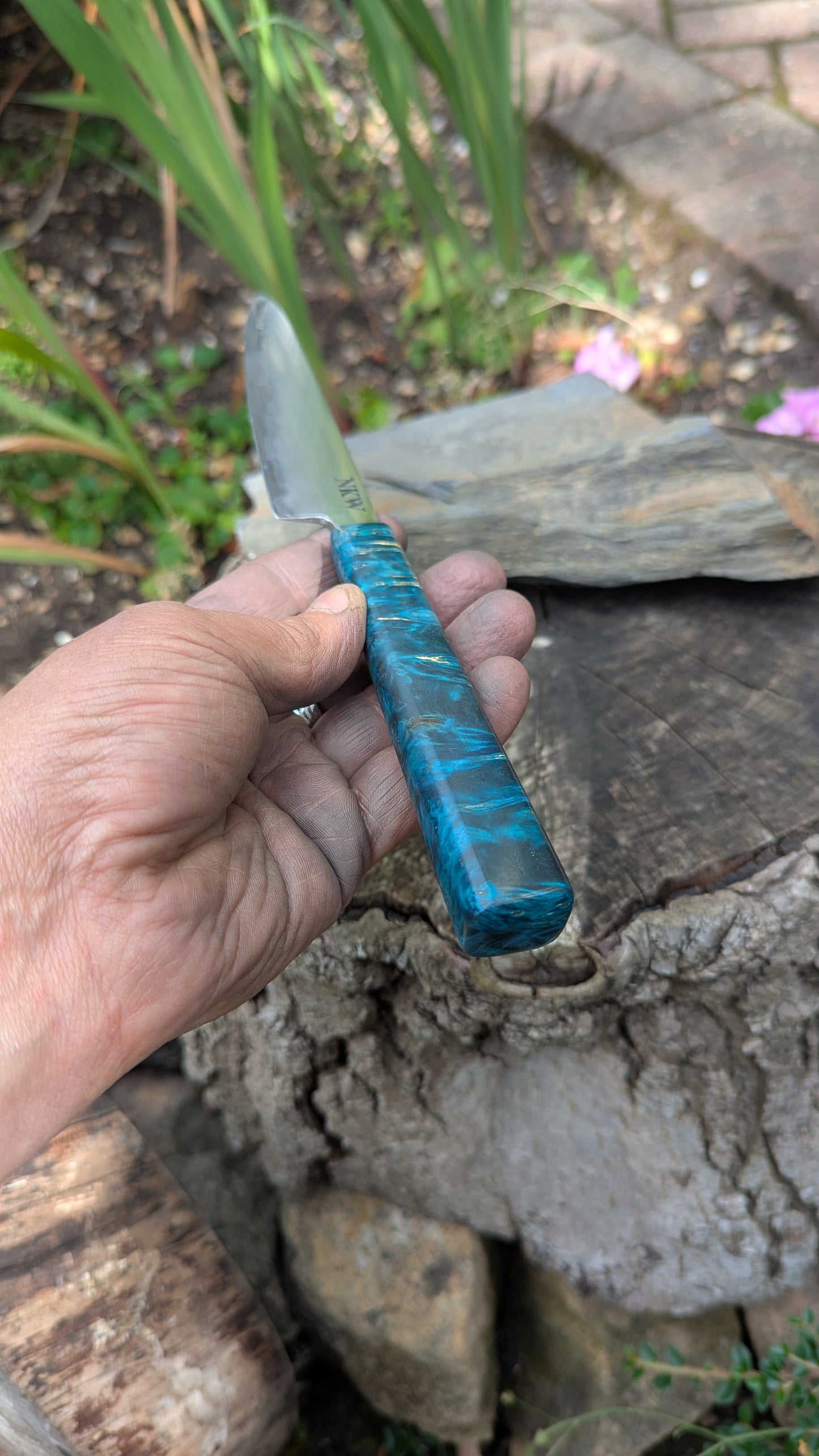 Hand made 6" Takefu super blue stainless clad San Mai. Amboyna burl handle