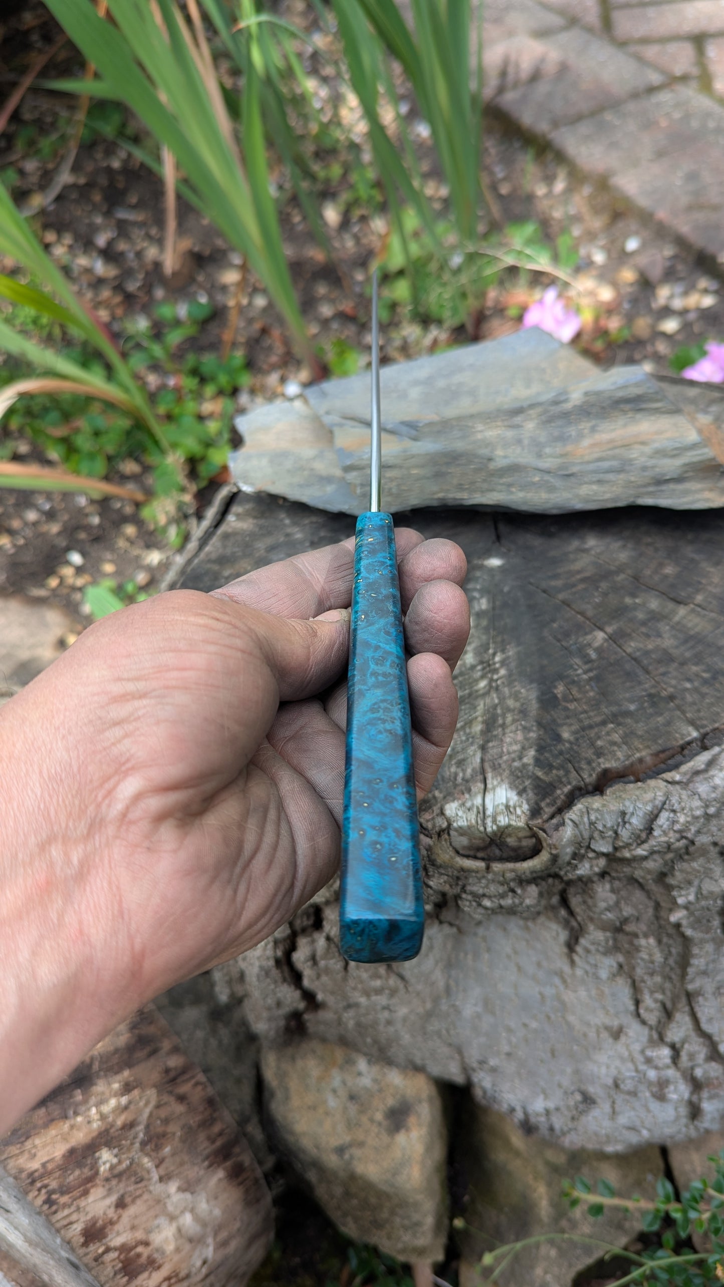 Hand made 6" Takefu super blue stainless clad San Mai. Amboyna burl handle