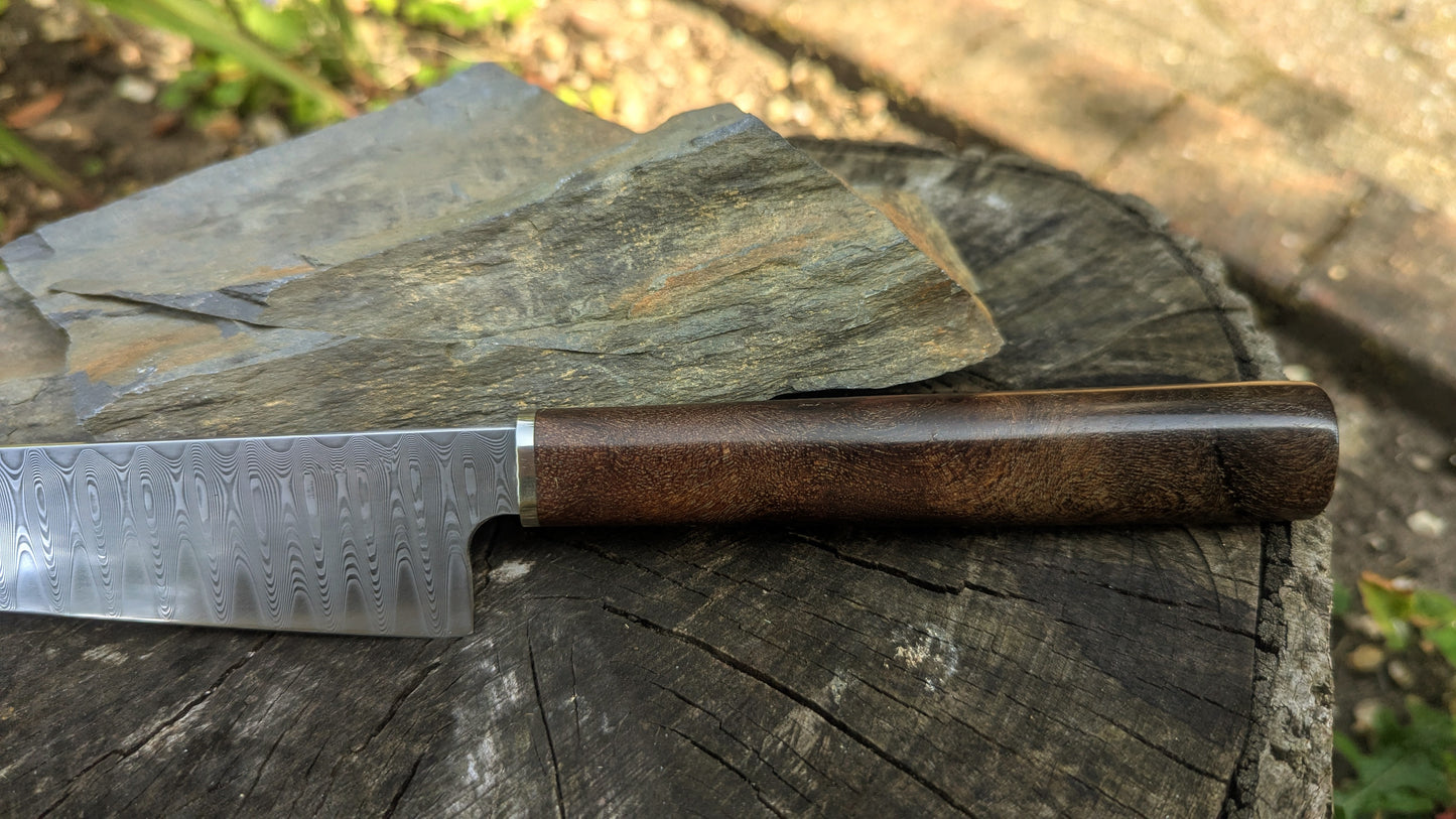 Hand made 8" stainless damascus san Mai. Burr Elm wood handle