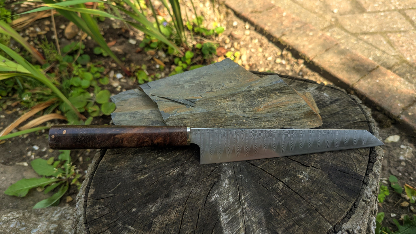 Hand made 8" stainless damascus san Mai. Burr Elm wood handle