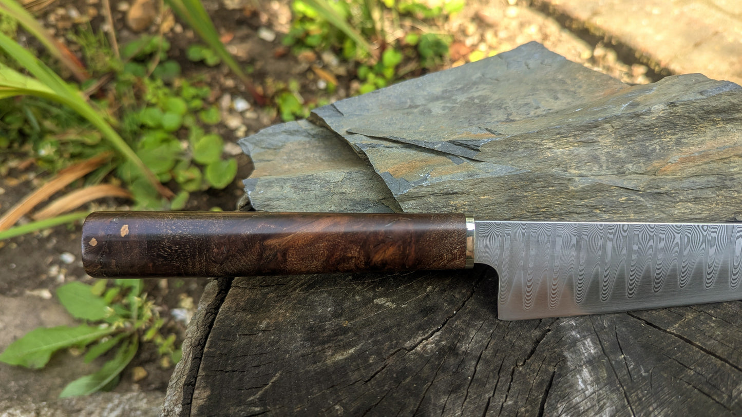 Hand made 8" stainless damascus san Mai. Burr Elm wood handle