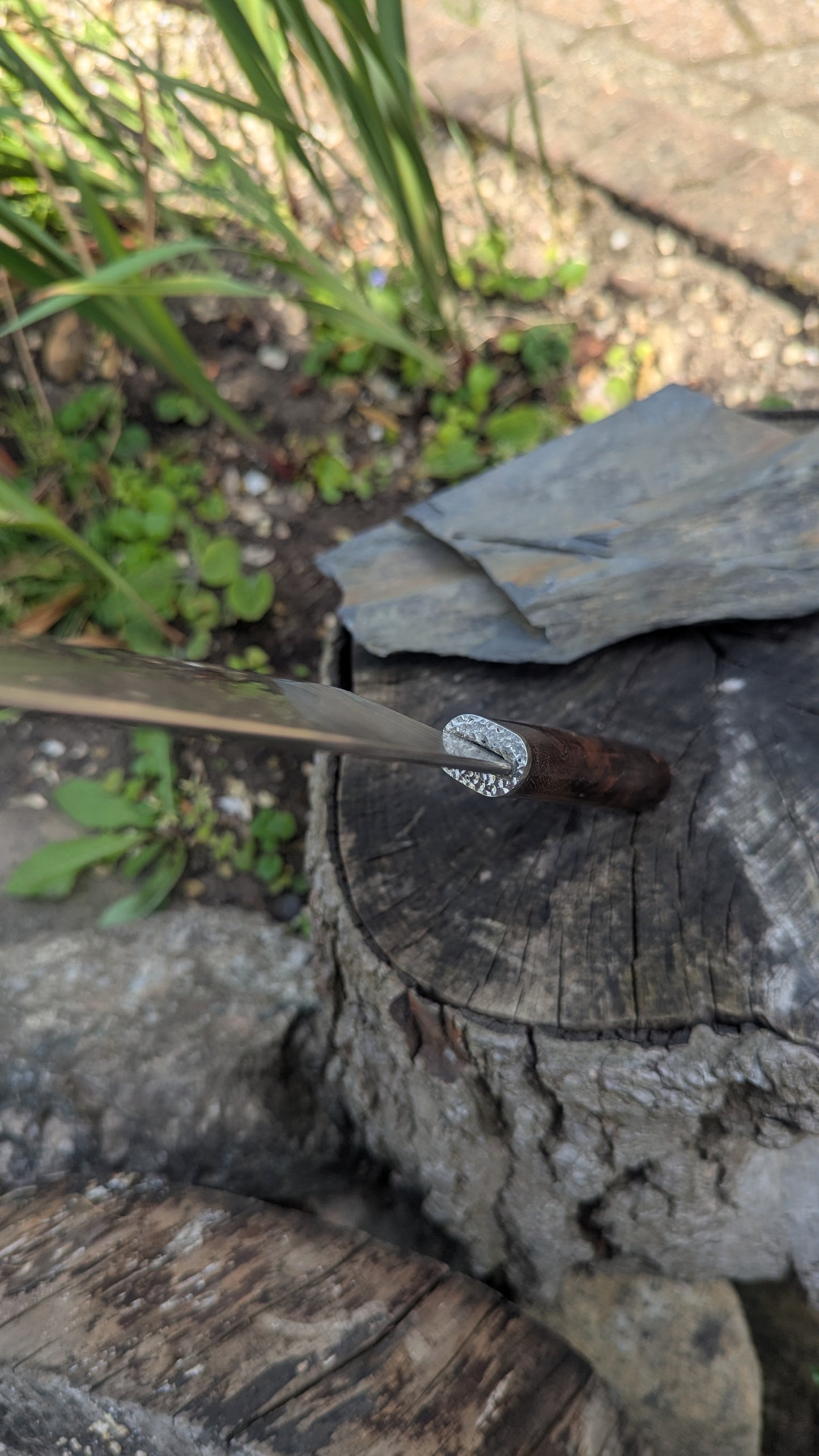 Hand made 8" stainless damascus san Mai. Burr Elm wood handle