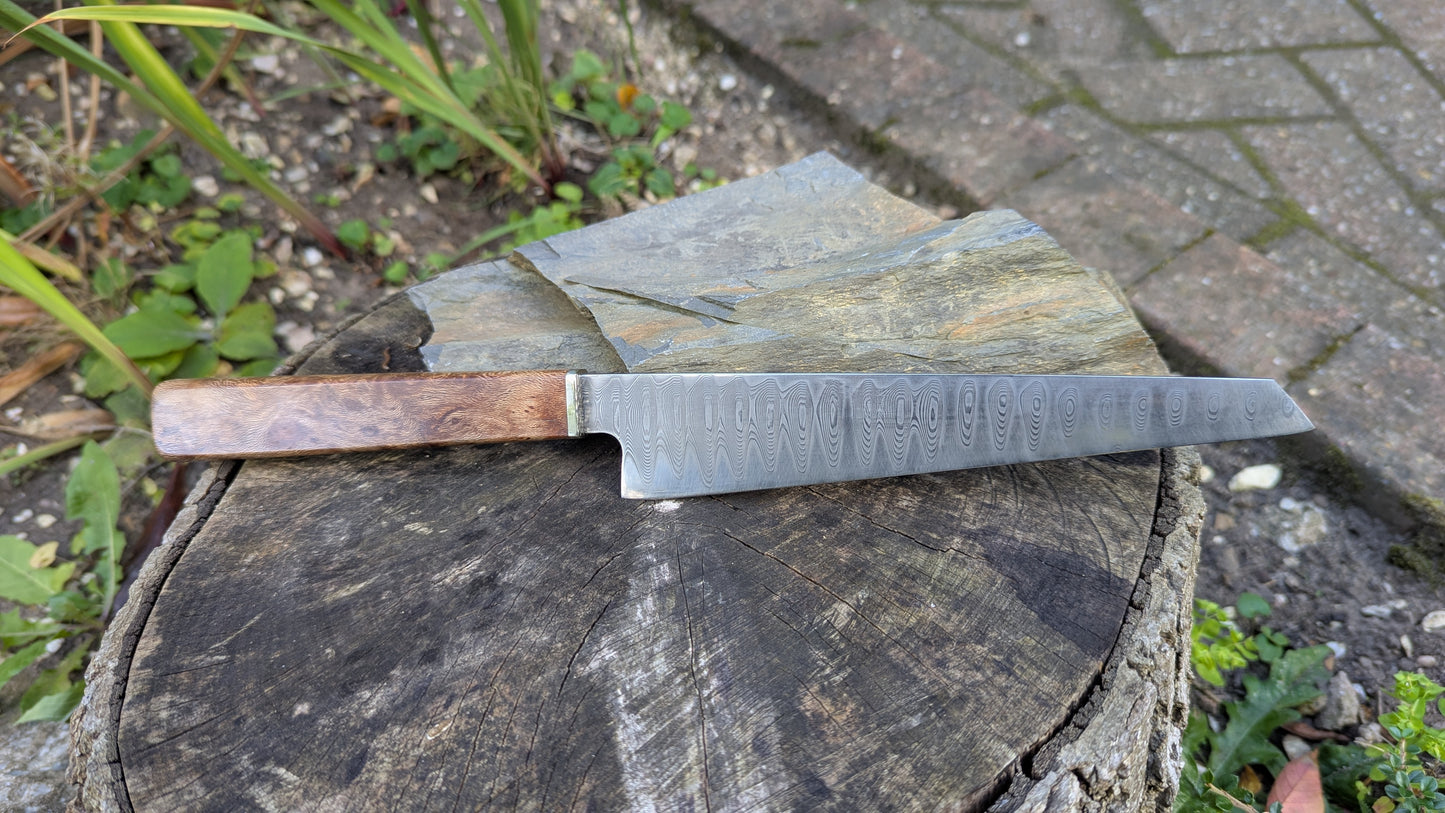 Hand made 8" stainless damascus san Mai. Lacewood burr handle