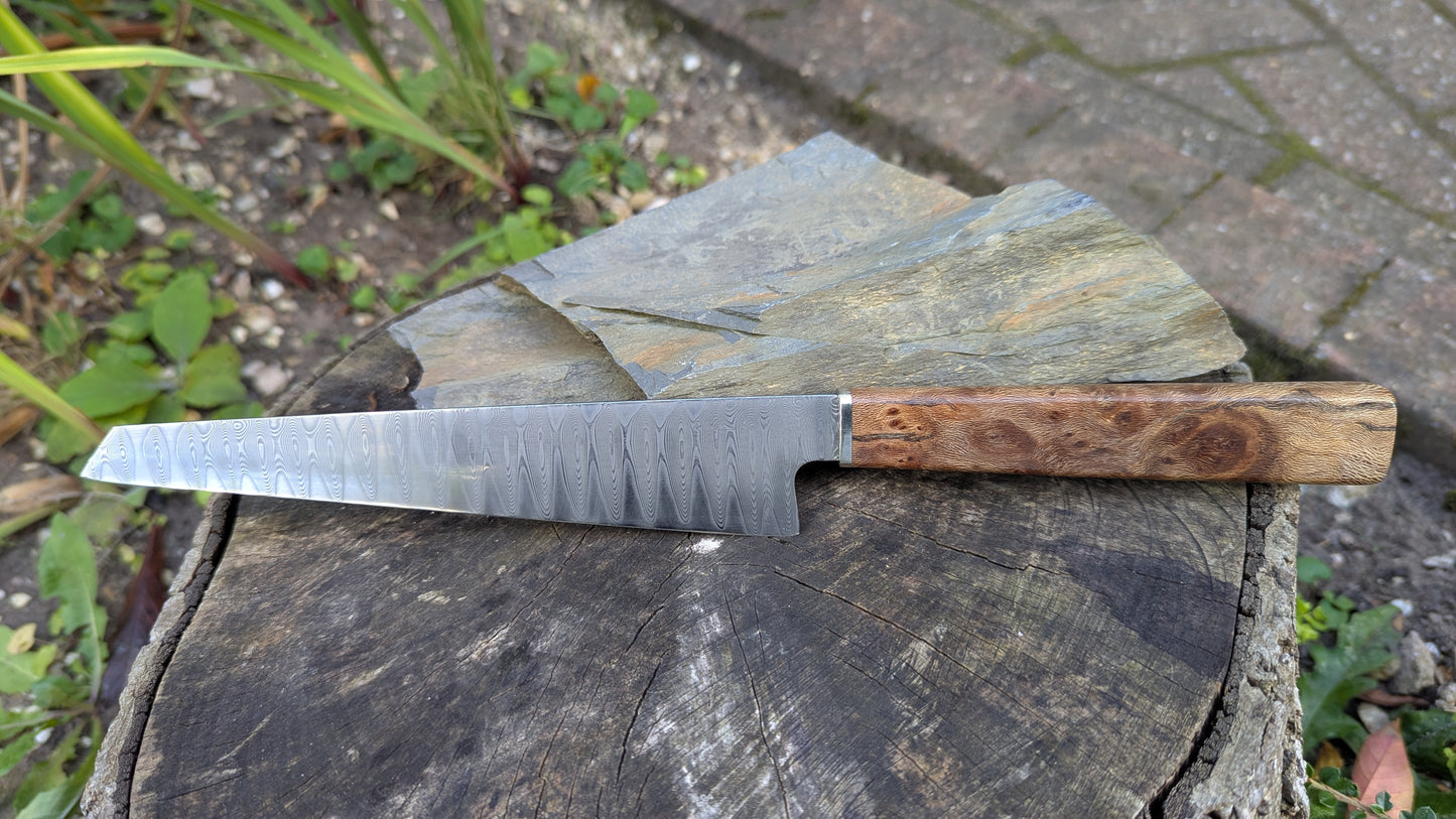 Hand made 8" stainless damascus san Mai. Lacewood burr handle