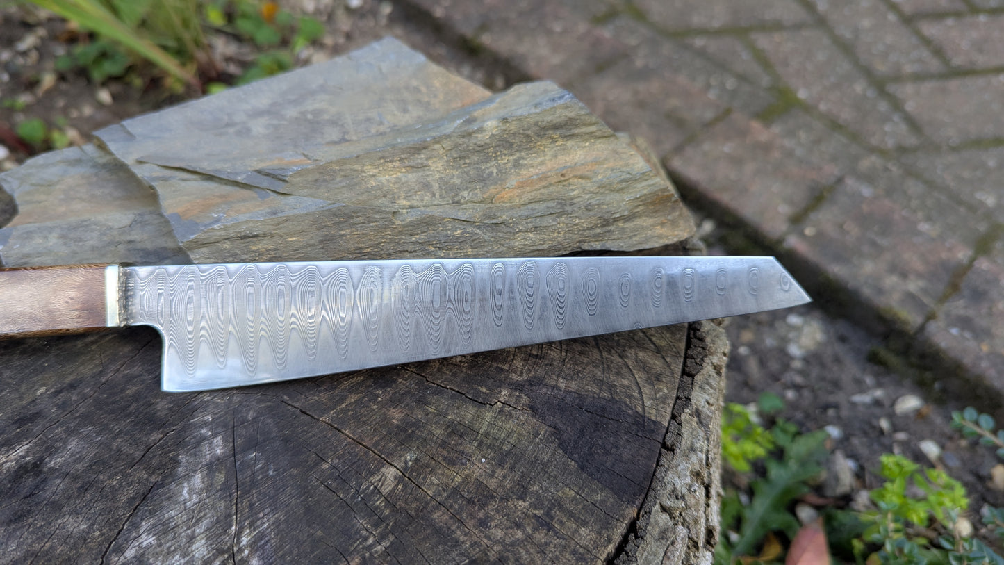 Hand made 8" stainless damascus san Mai. Lacewood burr handle