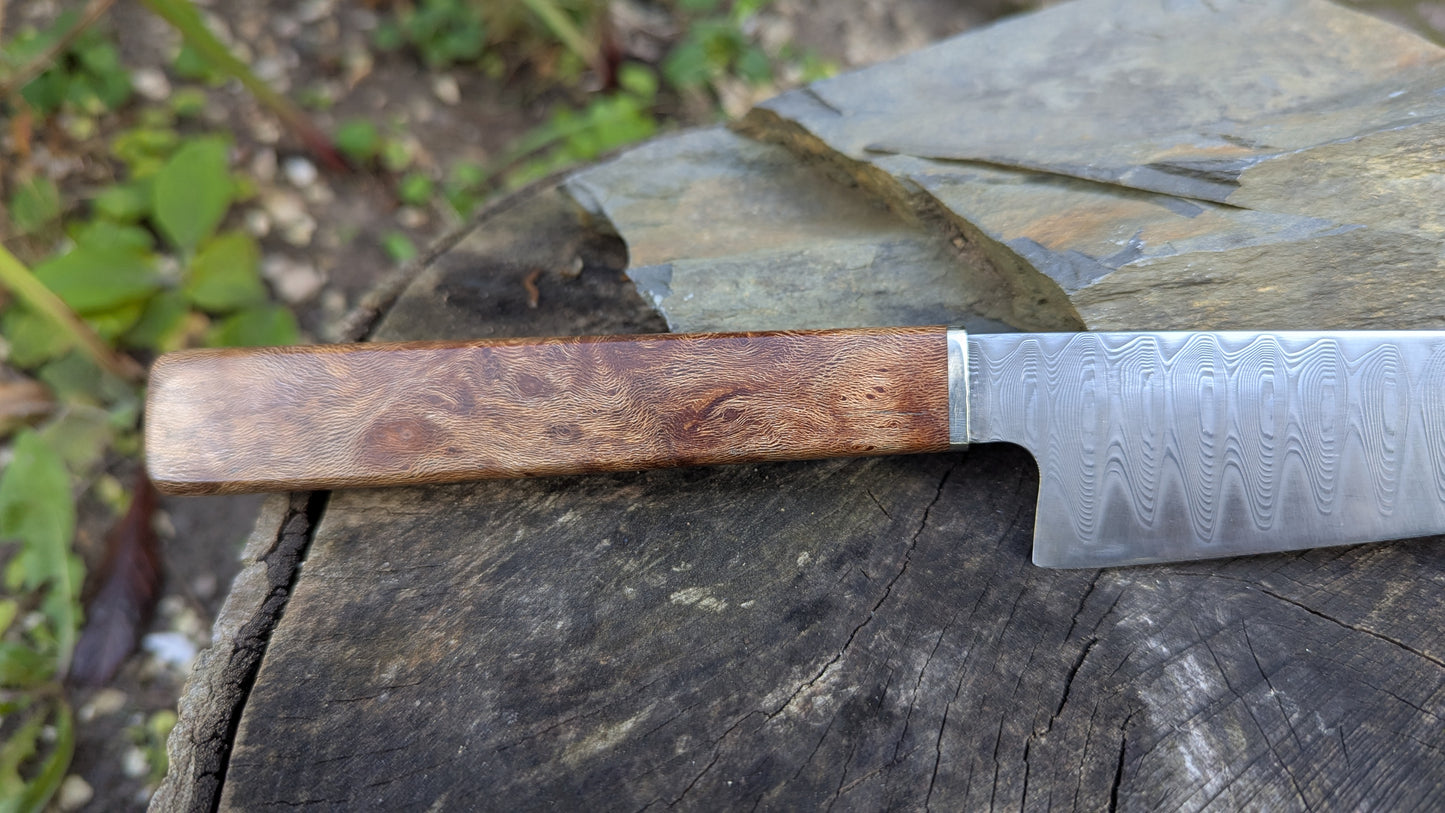 Hand made 8" stainless damascus san Mai. Lacewood burr handle