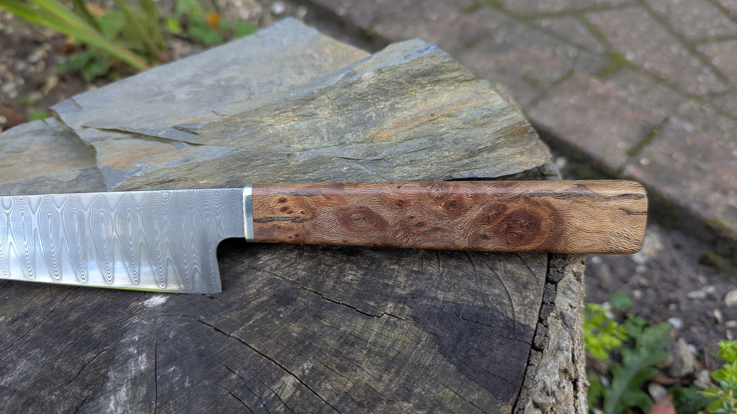 Hand made 8" stainless damascus san Mai. Lacewood burr handle
