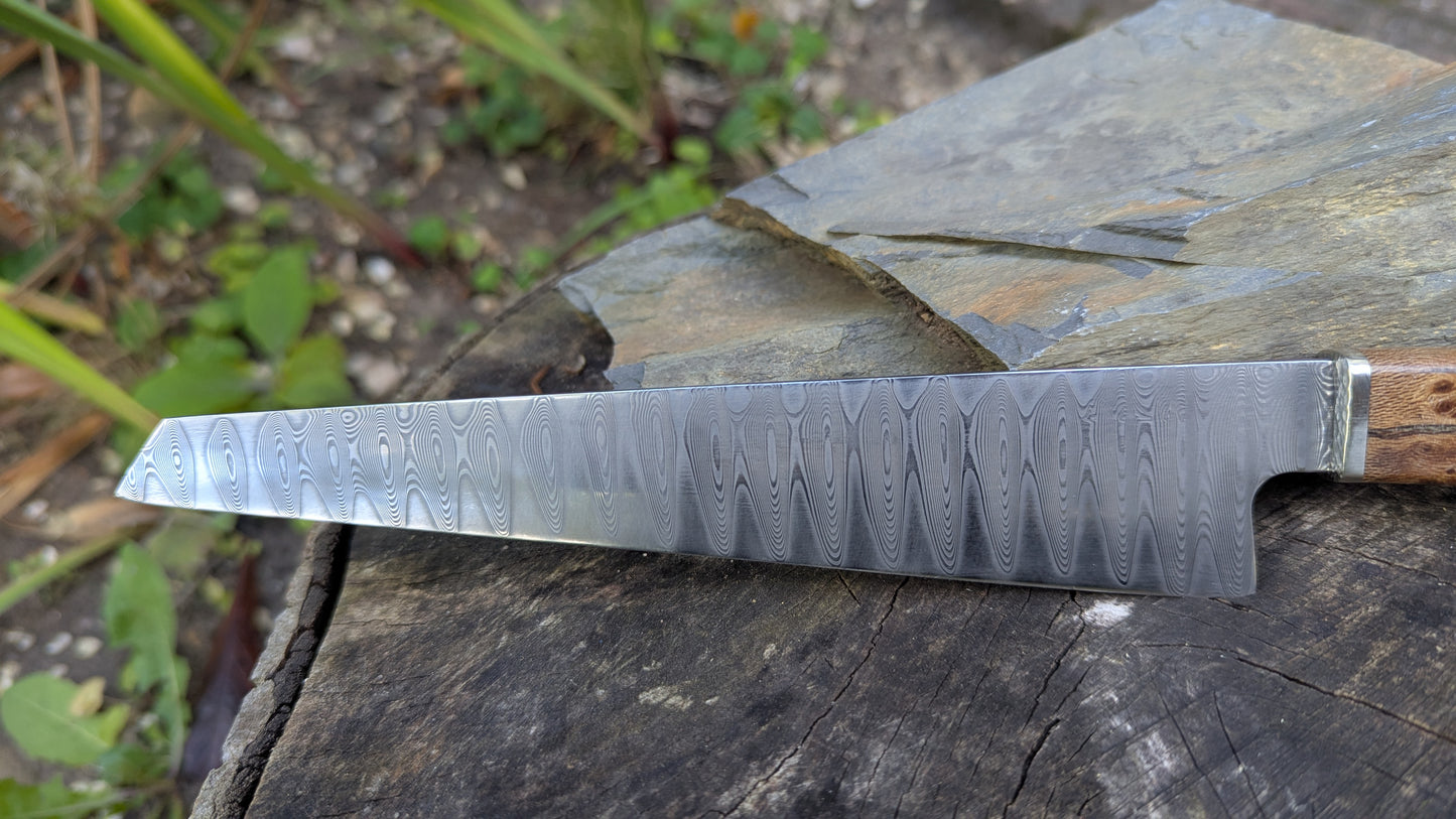 Hand made 8" stainless damascus san Mai. Lacewood burr handle